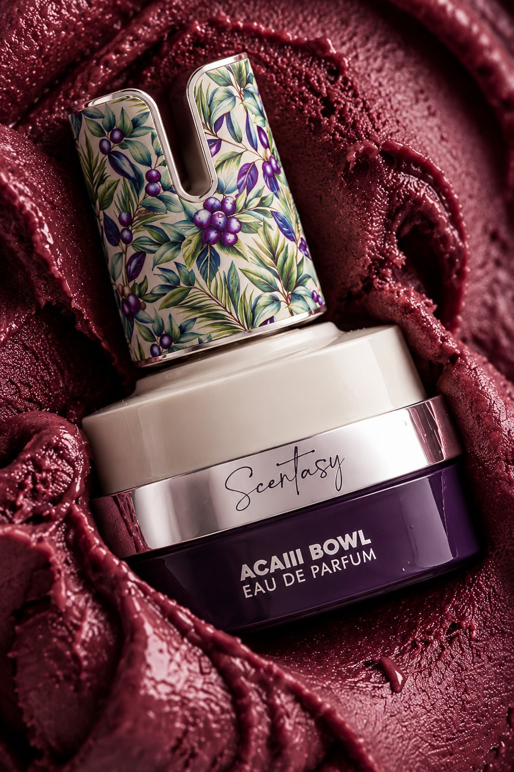 AI-created Acai Bowl perfume visual on a deep purple textured background