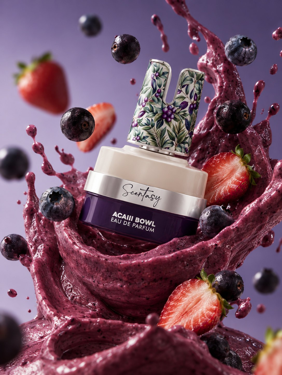 AI-created Acai Bowl perfume visual with purple berry splashes, strawberries and blueberries