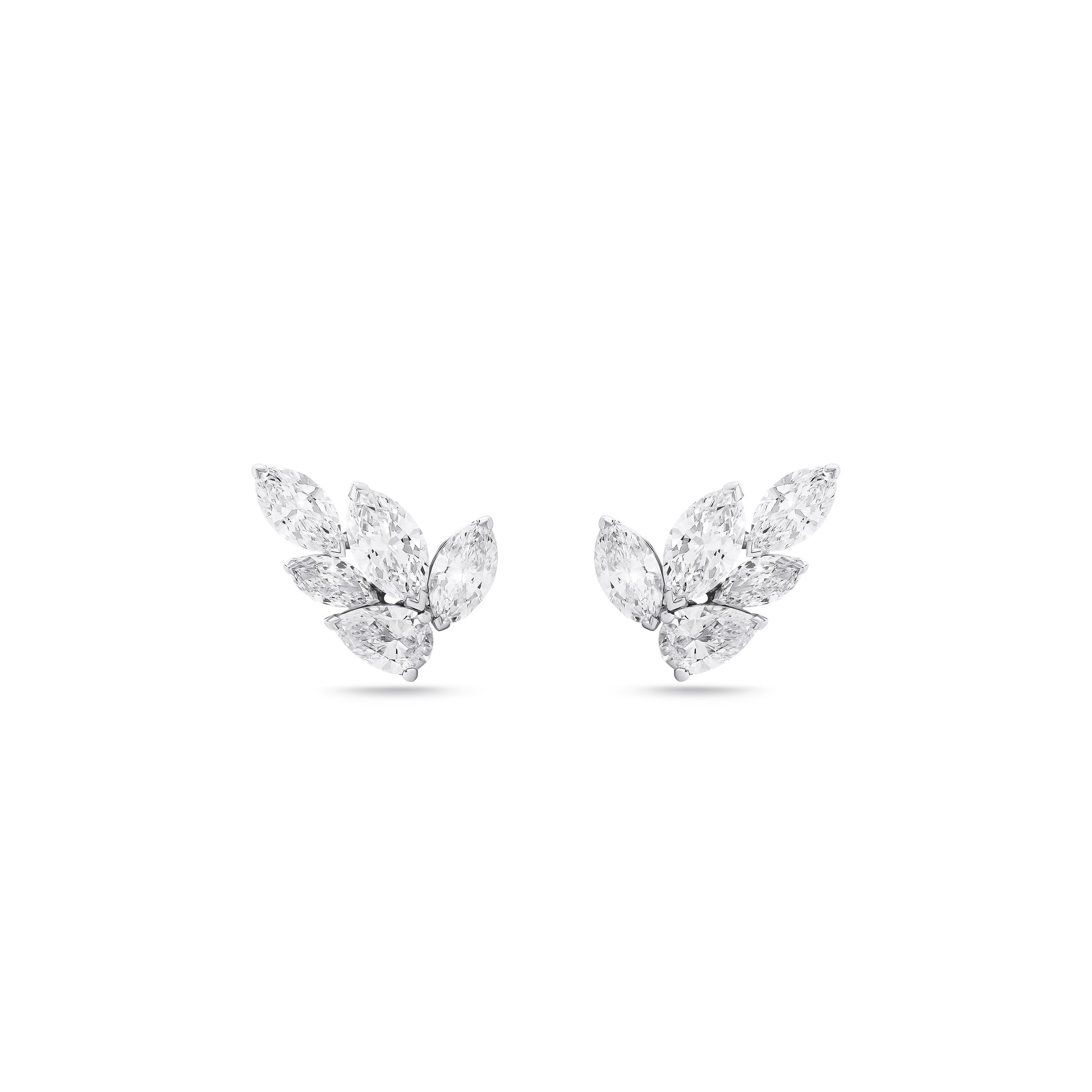 Diamond leaf-shaped stud earrings with marquise-cut stones on white background