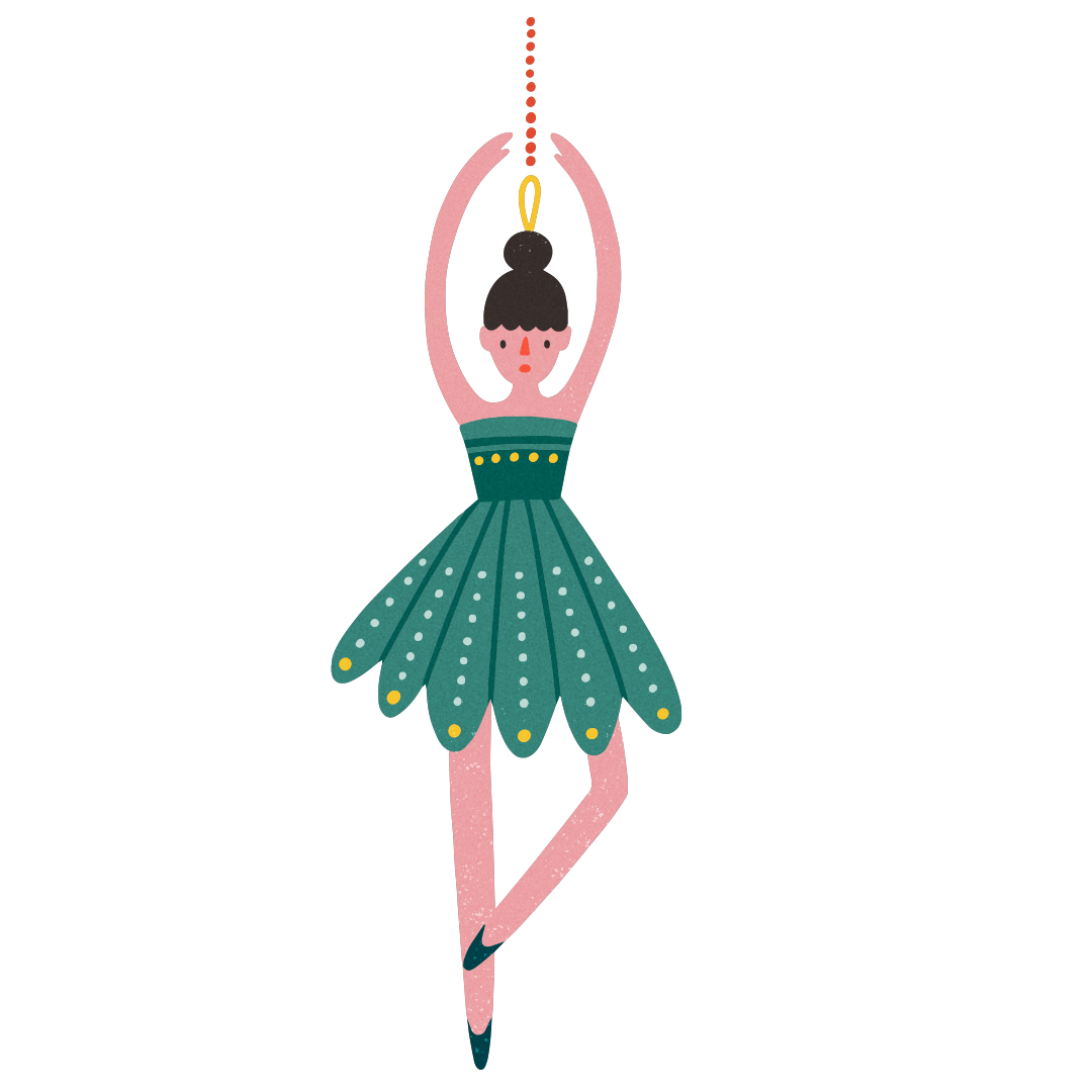 Icono de una bailarina navideña usado para anunciar la sesión de fotos navideña en Rainbox, con su traje festivo y pose elegante, representando el espíritu y la gracia de la temporada