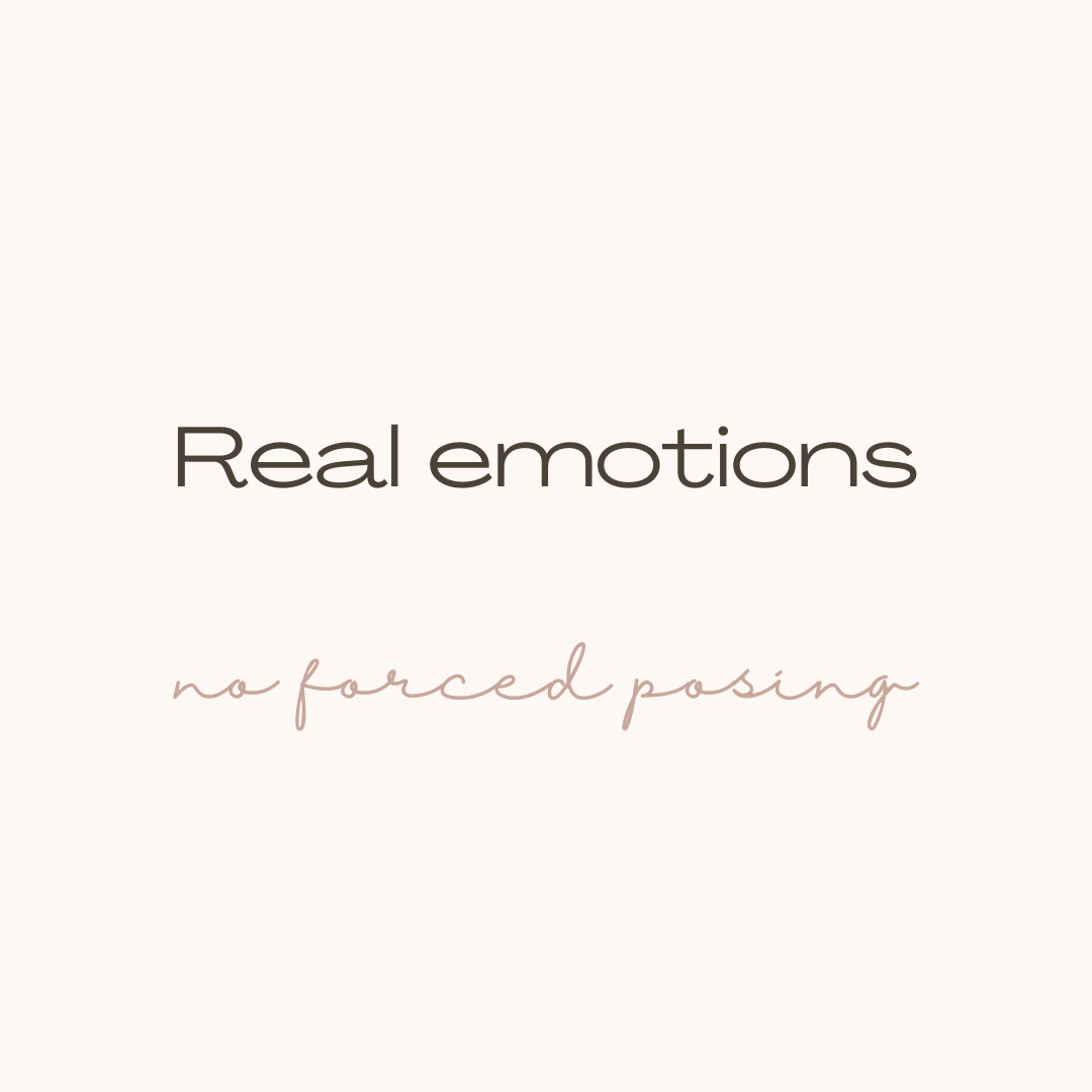 A soft-toned quote card with the text "Real emotions — no forced posing", highlighting the natural and candid style of the photo experience in Puglia.