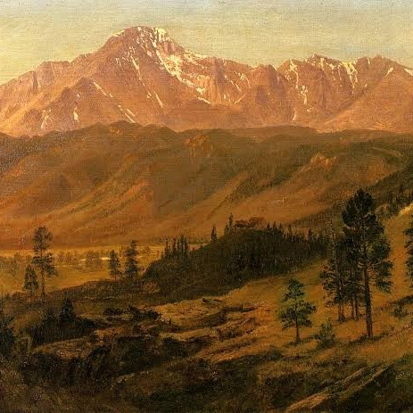 Pikes Peak, Albert Bierstadt. Пейзаж с эффектом воздушной перспективы: тёмный передний план с деревьями и холмами постепенно переходит в более светлые горные слои, а дальняя вершина растворяется в тёплой атмосферной дымке.  