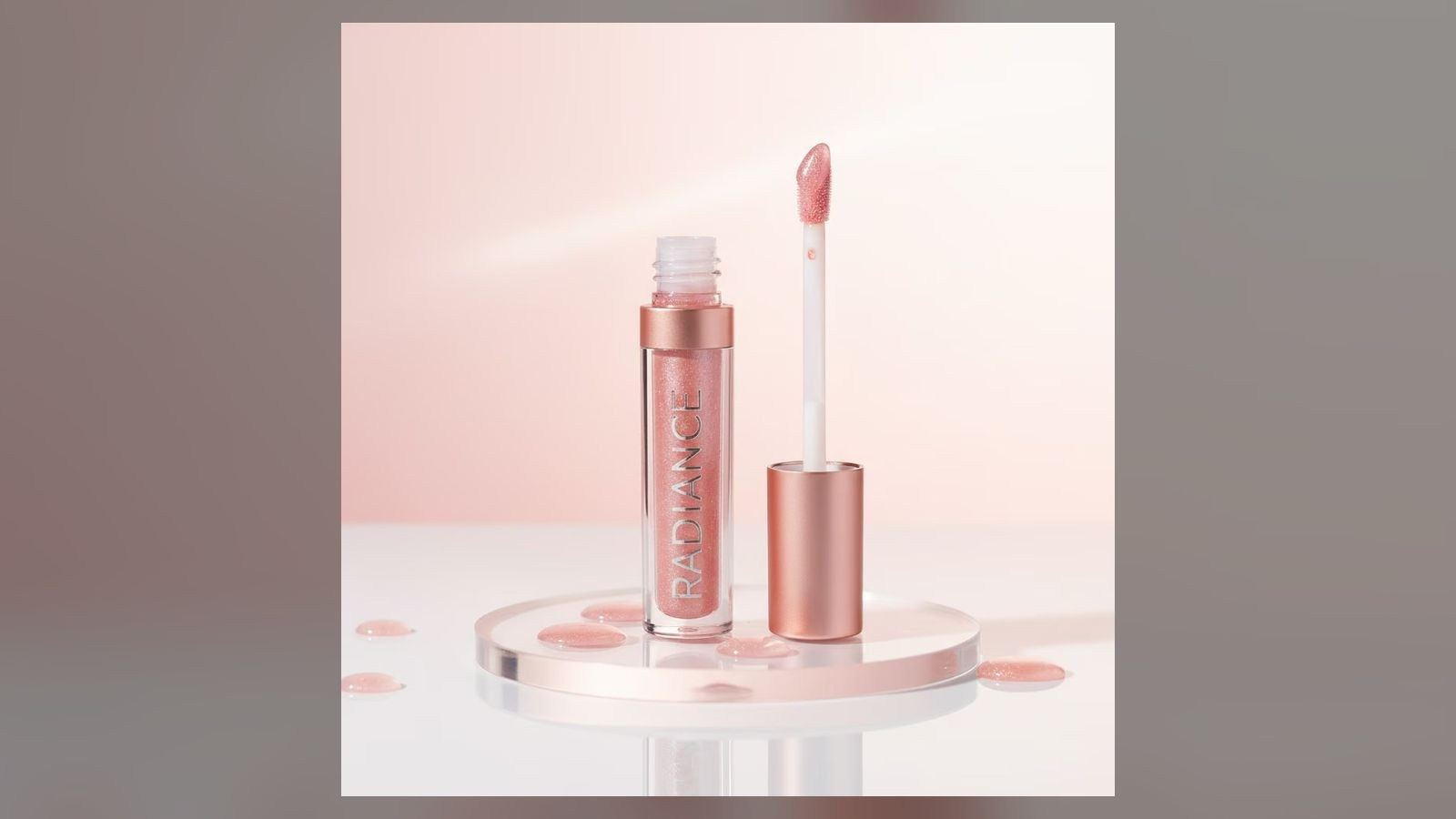 AI-generated pink lip gloss and applicator in a soft beauty advertising concept