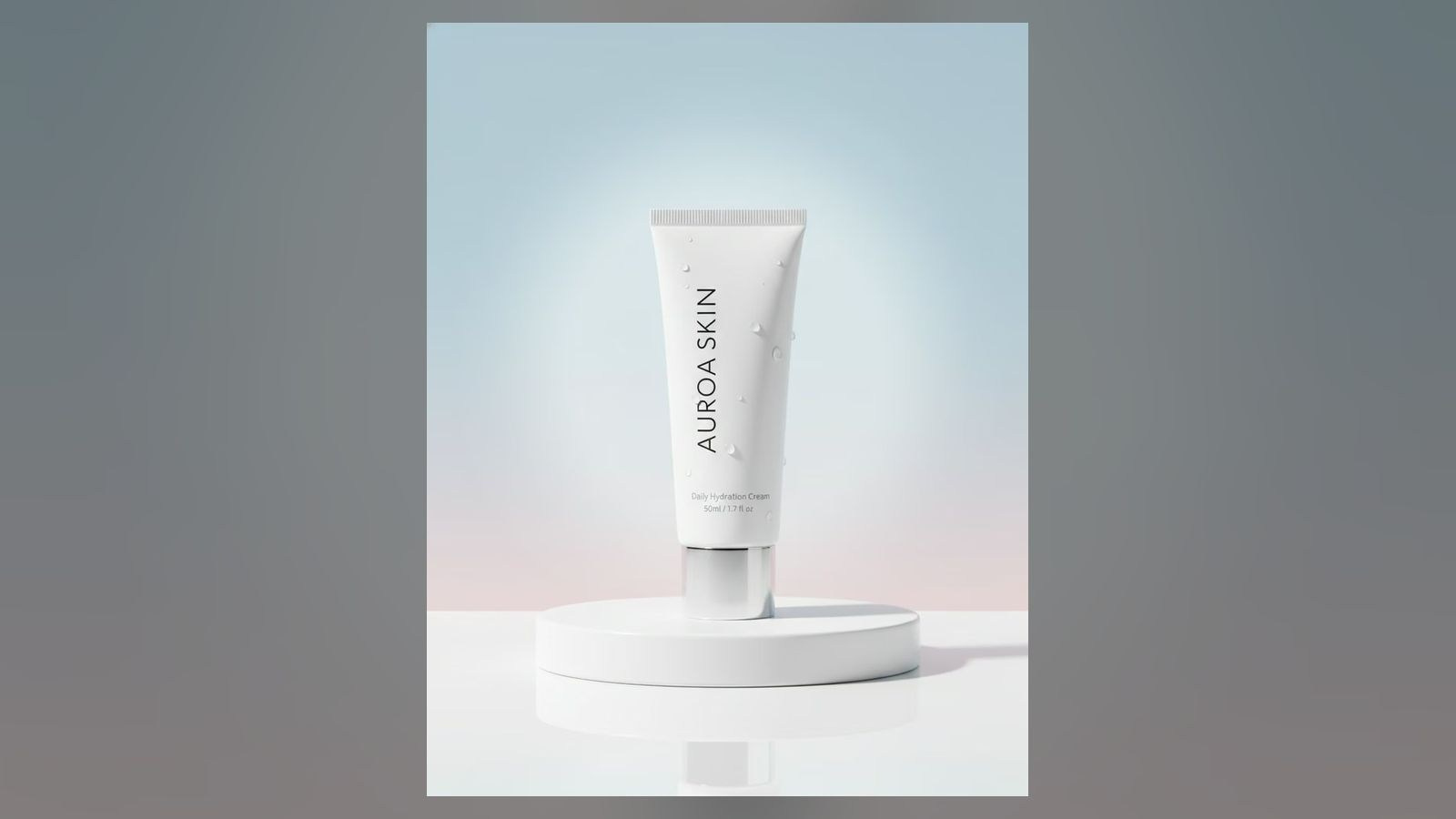 Minimalist AI-assisted skincare product visual with a white cosmetic tube on a pedestal