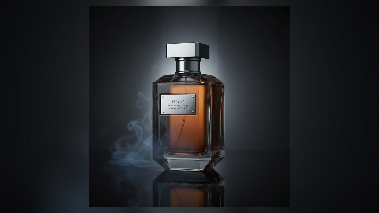 AI-generated amber perfume bottle in a dark smoky advertising concept