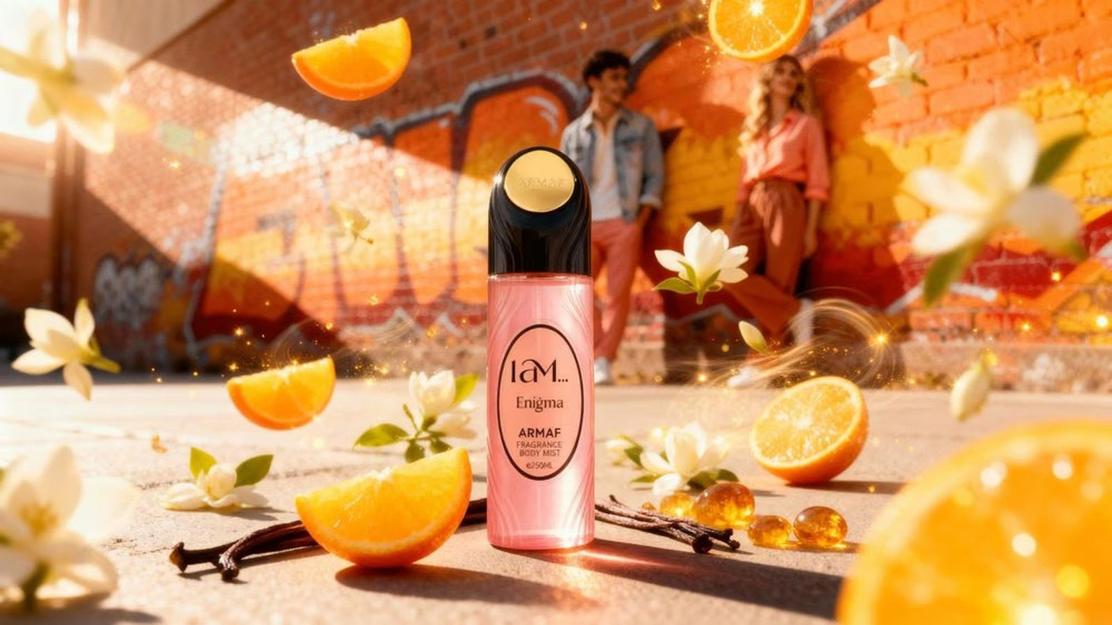AI-generated pink fragrance bottle in a vibrant citrus product campaign scene