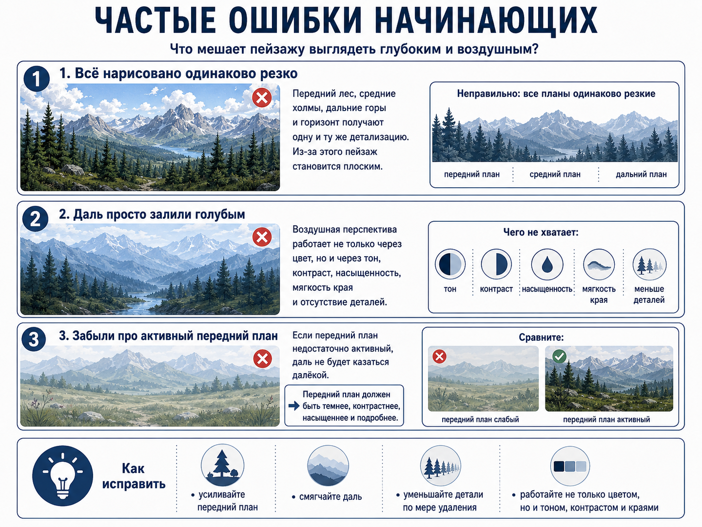 Схема частых ошибок в воздушной перспективе: все планы нарисованы одинаково резко, даль просто залита голубым, передний план недостаточно активен; показано, как исправить ошибки через усиление переднего плана, смягчение дали, уменьшение деталей, работу с тоном, контрастом и краями.
