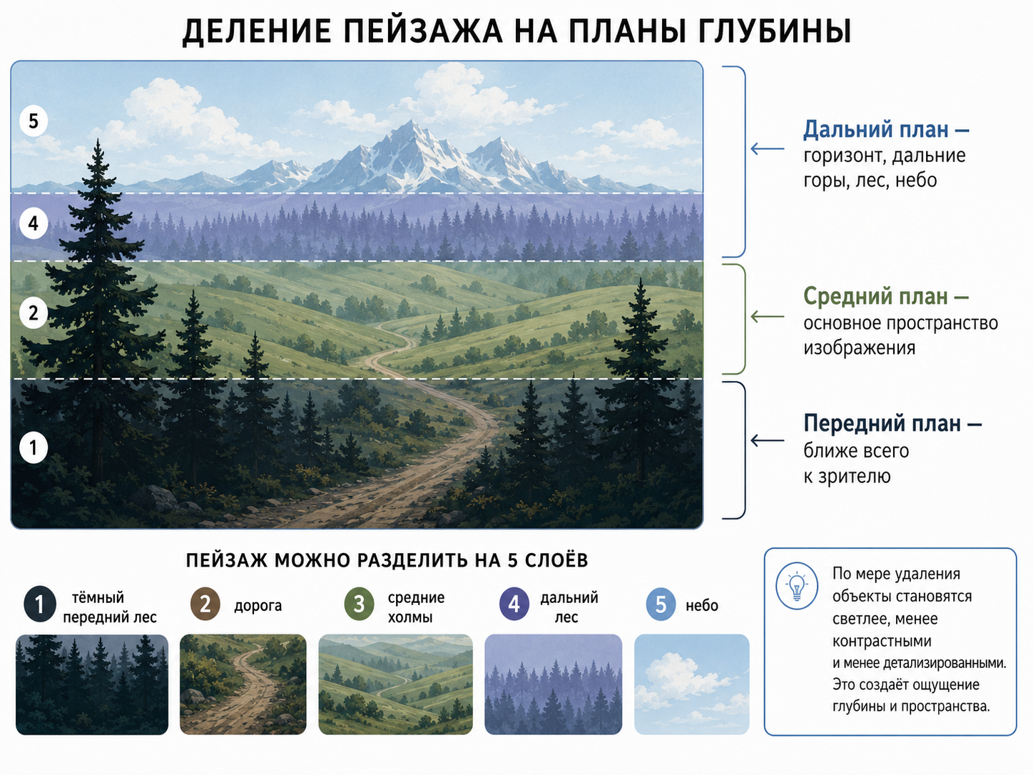 Схема воздушной перспективы деления пейзажа на передний, средний и дальний план: тёмный передний лес, дорога, средние холмы, дальний лес и небо показаны как пять слоёв глубины, где объекты по мере удаления становятся светлее, менее контрастными и менее детализированными. 