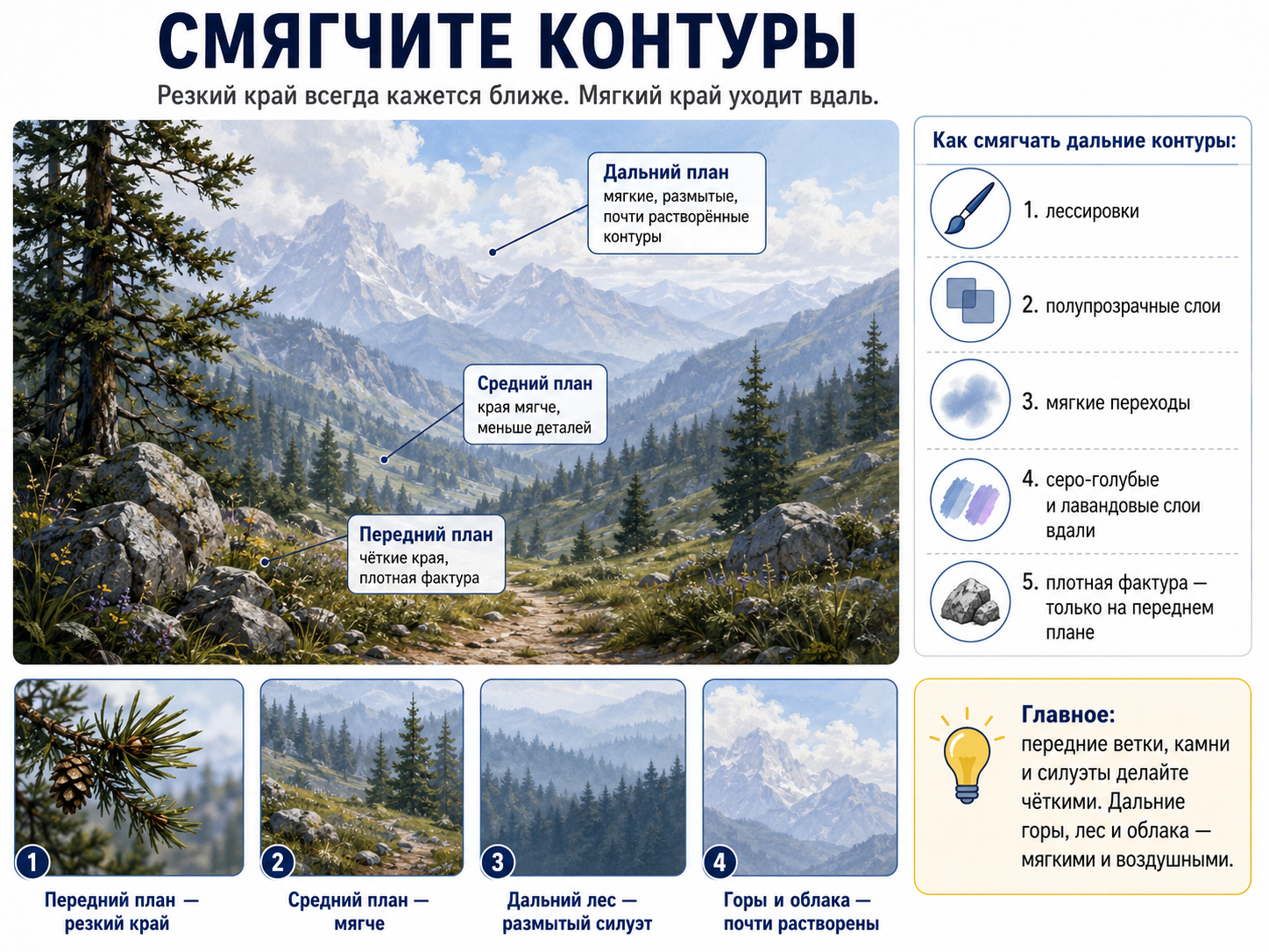 Схема смягчения контуров в воздушной перспективе: передний план с ветками, камнями и силуэтами показан чётким и фактурным, а дальние горы, лес и облака — мягкими, размытыми и почти растворёнными в воздухе.