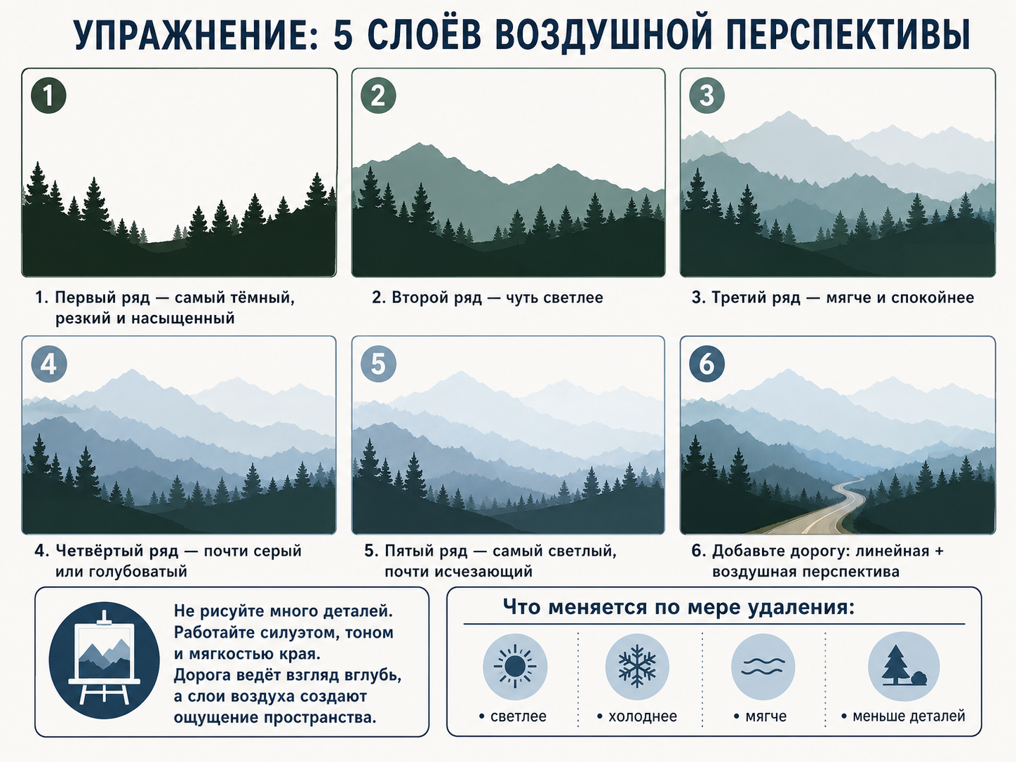 Пошаговое упражнение по воздушной перспективе: пять рядов гор и леса постепенно становятся светлее, холоднее, мягче и менее детализированными; в финальном примере добавлена дорога, уходящая вдаль.