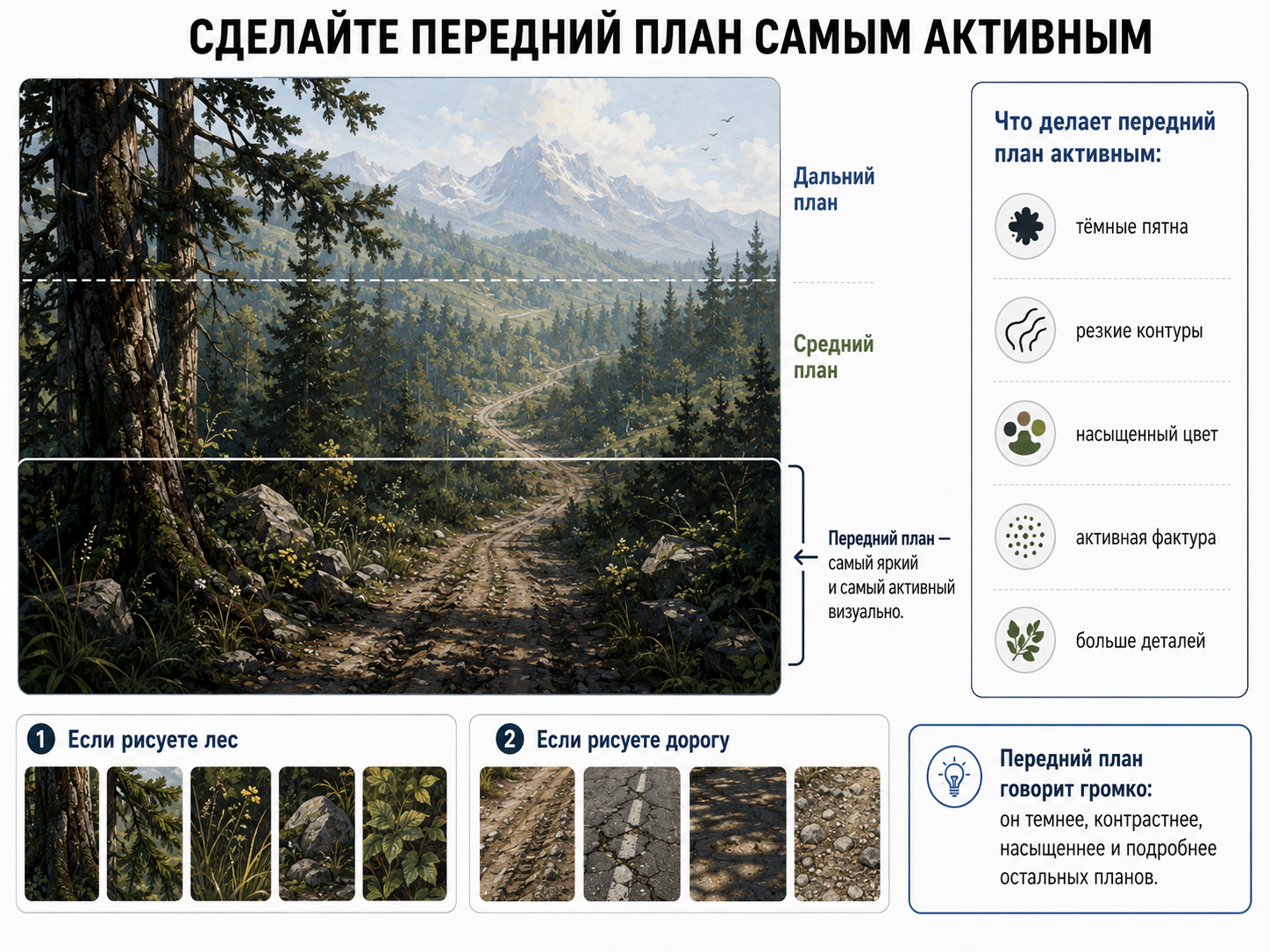 Схема воздушной перспективы активного переднего плана в пейзаже: ближние деревья, дорога, камни, трава и ветки показаны тёмными, контрастными, насыщенными и подробными, чтобы дальний план казался более воздушным и удалённым.