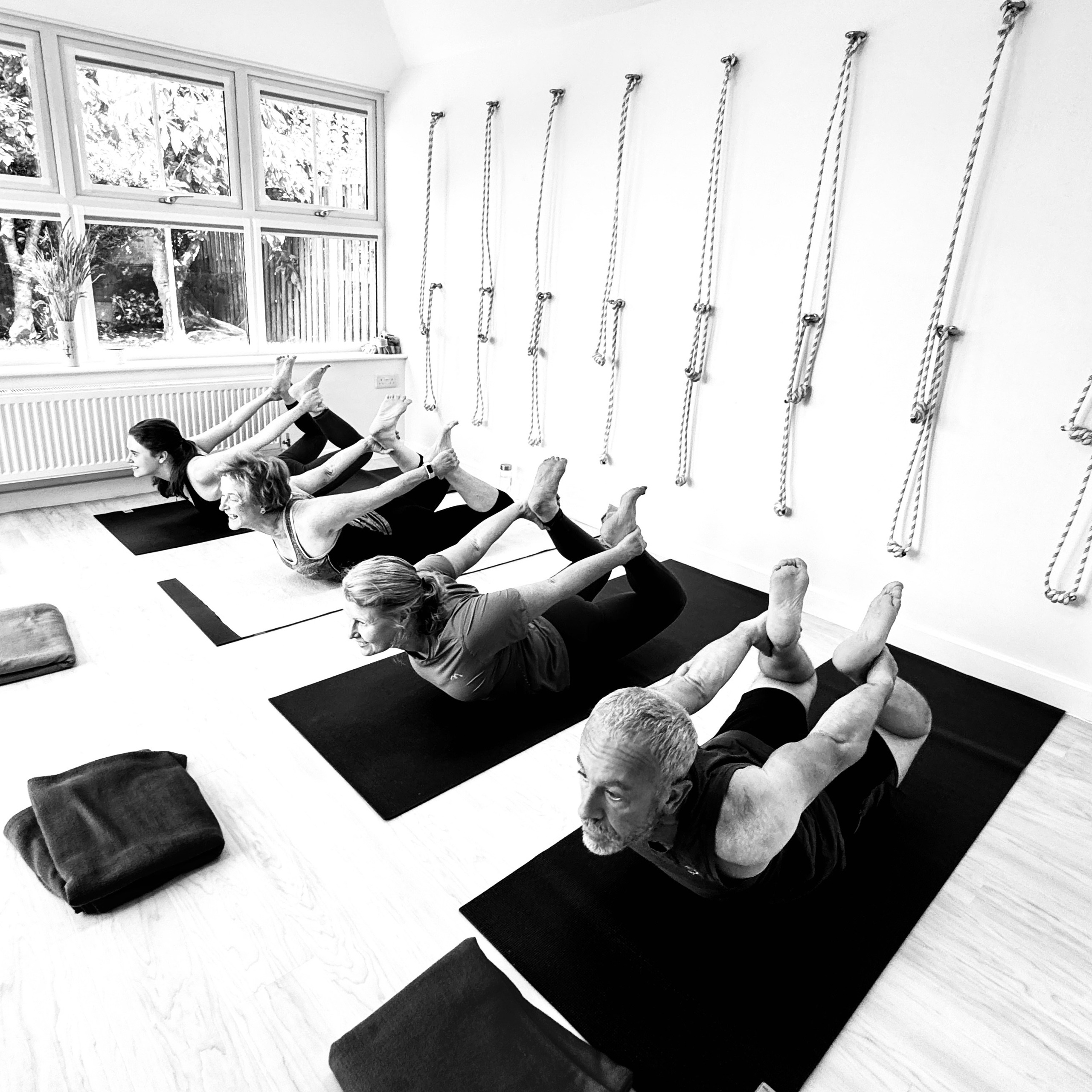 Two Iyengar yoga students doing down head dog in the ropes in Iyengar yoga studio.