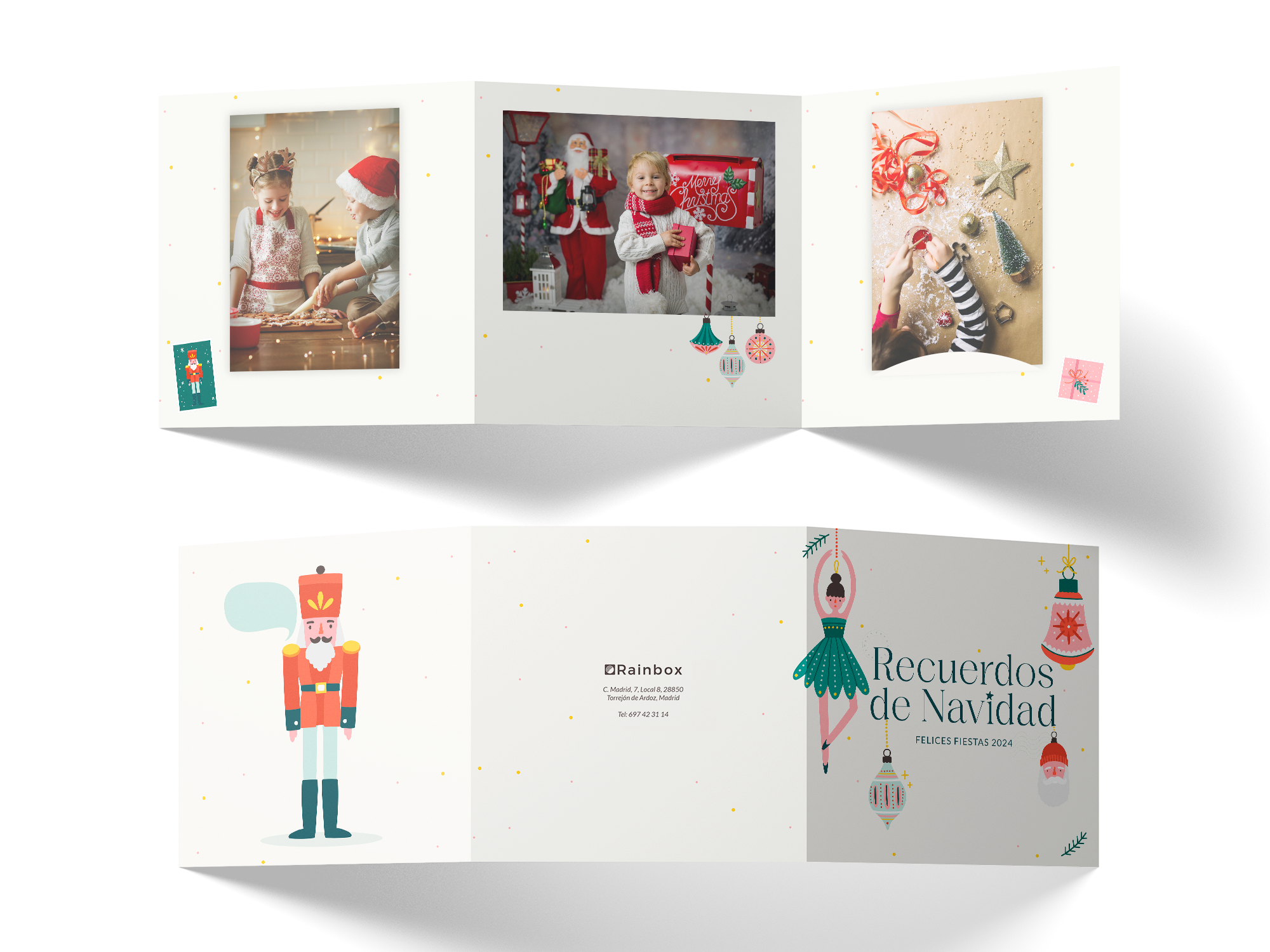Diseño de portafotos navideño de Rainbox, decorado con motivos festivos como copos de nieve y estrellas, ideal para enmarcar recuerdos de las sesiones de Navidad