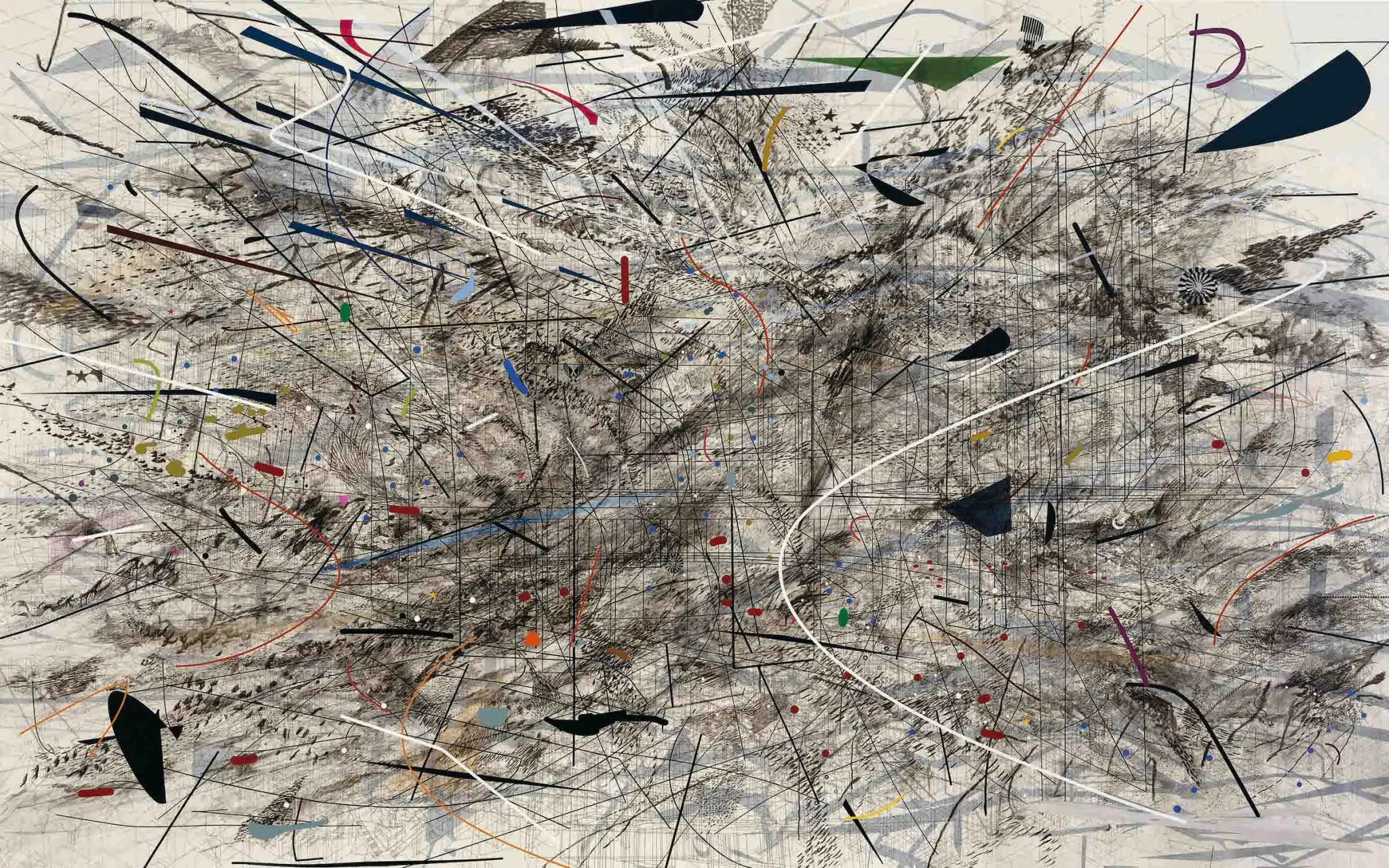Julie Mehretu, “Black City” (2007), ink and acrylic on canvas, 120 x 192 inches (Pinault Collection, Paris, France, © Julie Mehretu)