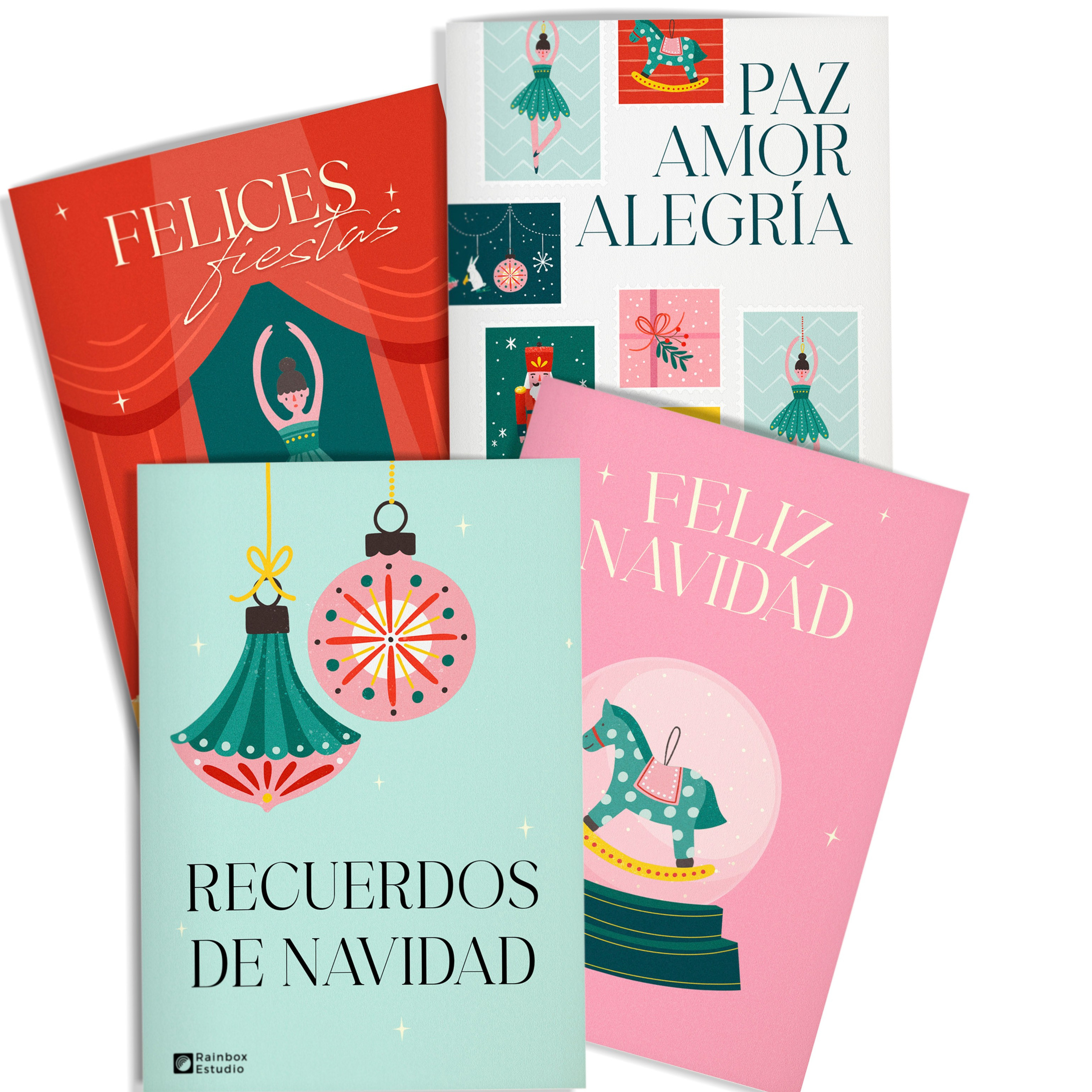 Tarjetas navideñas personalizadas con fotos de las sesiones de Navidad de Rainbox, combinando un diseño festivo con imágenes únicas que capturan momentos especiales de cada familia."
