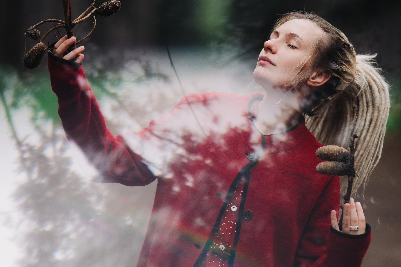 Portrait photographer Solihull, woman in motion with dramatic smoke effect