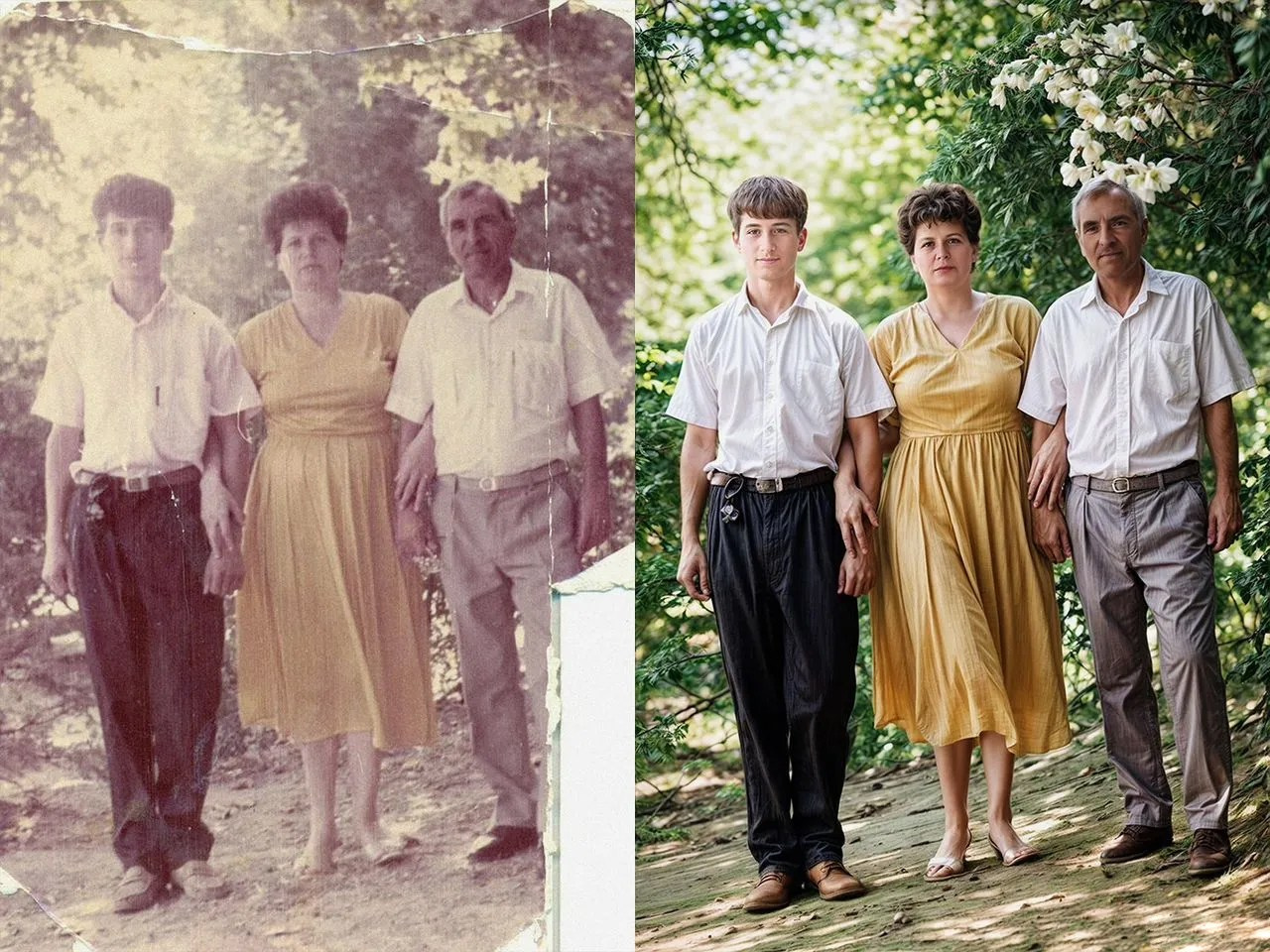 Side-by-side comparison of a vintage family photo and its modern recreation, featuring a young man, a woman in a yellow dress, and an older man standing outdoors surrounded by lush greenery