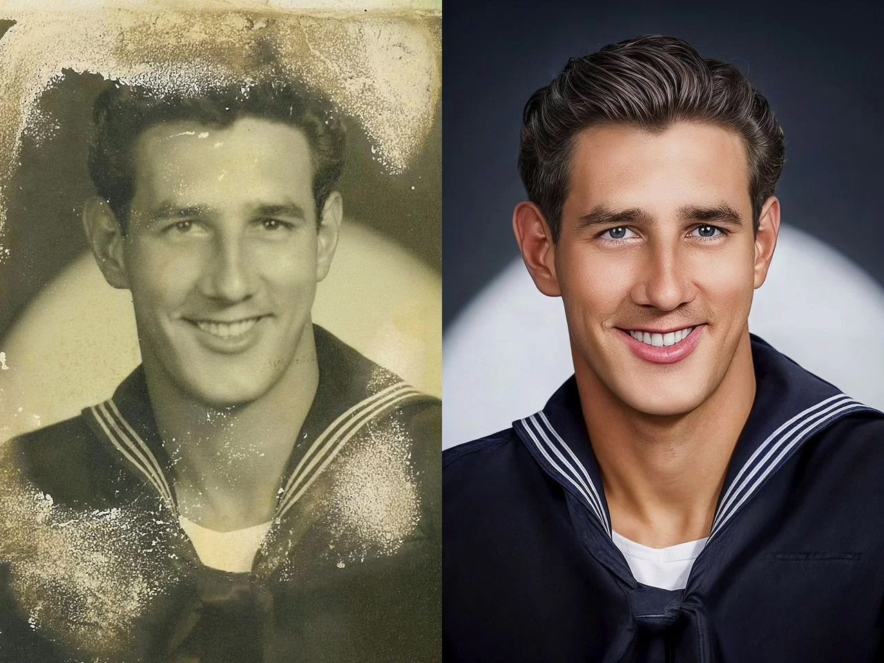 Before and after photo restoration of a vintage portrait of a sailor. The left side shows a damaged, faded black-and-white photo, while the right side reveals a fully restored and colorized version with vibrant details