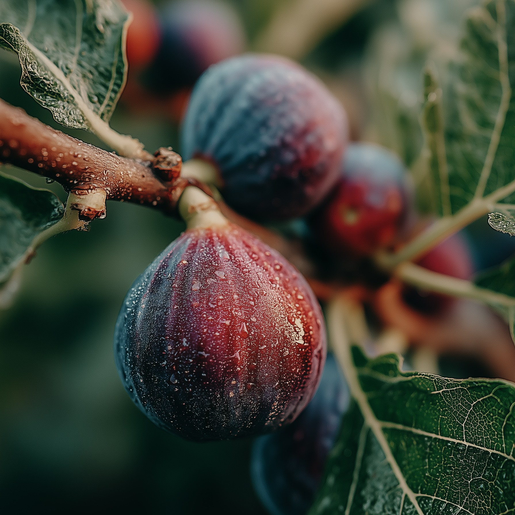 Close-up of a ripe fig with dew drops on its skin, glowing in warm golden sunset light.