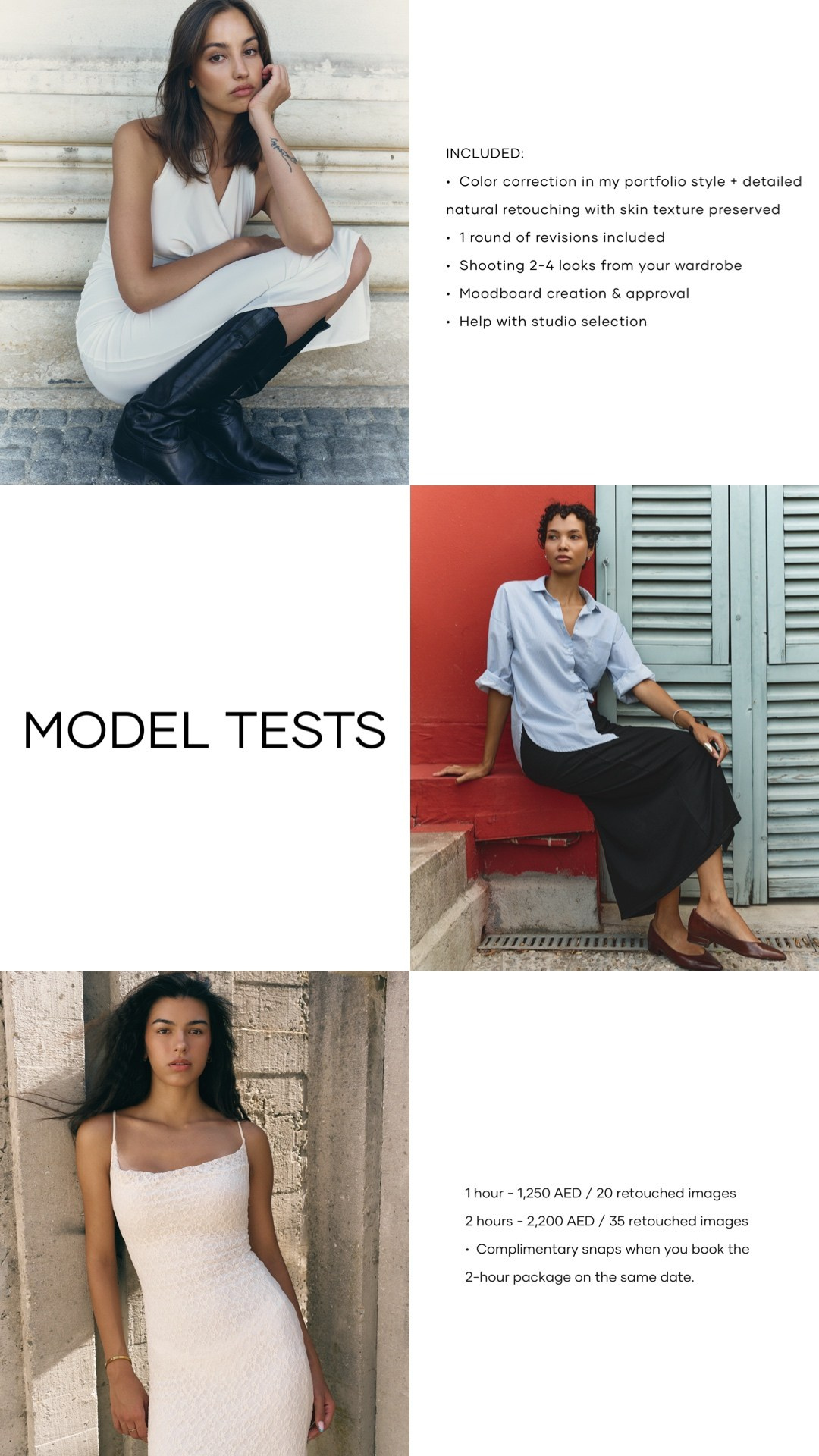 Model test photography in Dubai by Alisha Geva, professional Dubai fashion photographer. Model portfolio photoshoots with 1 hour and 2 hour packages, multiple looks, moldboard creation, professional color correction, natural skin retouching and studio selection assistance in Dubai UAE 