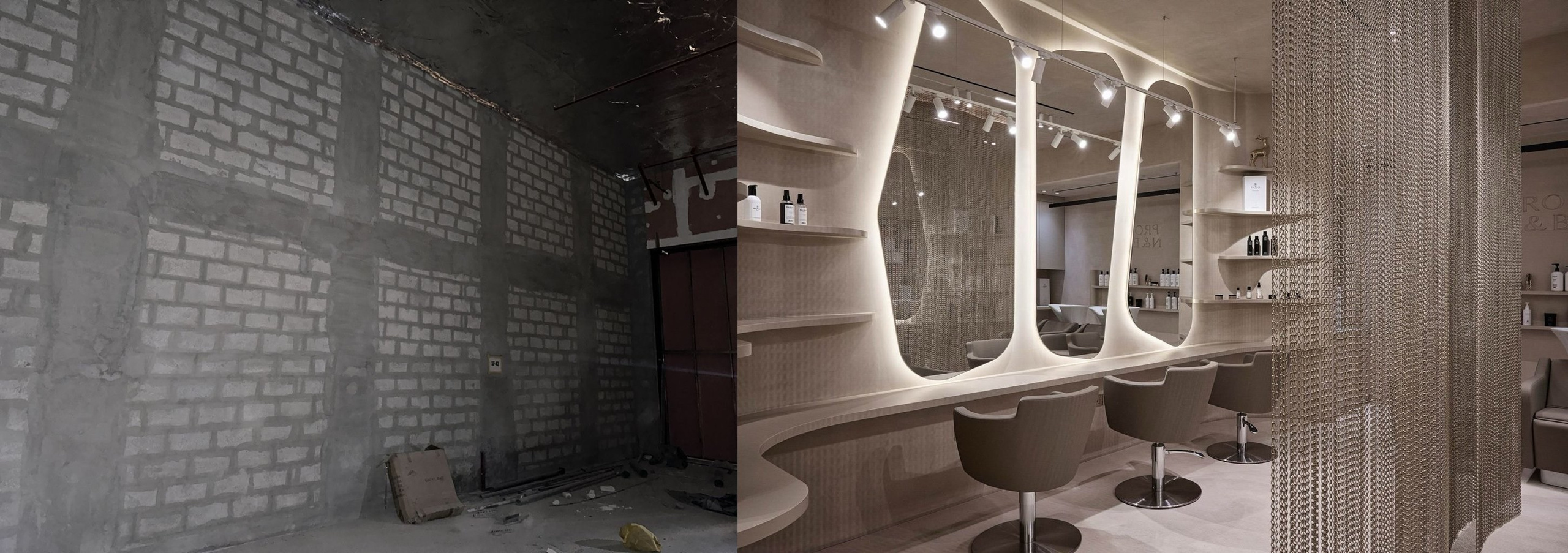 Before and after transformation of a Dubai salon interior — from raw construction to refined luxury design by Alena Bulataya Buro.