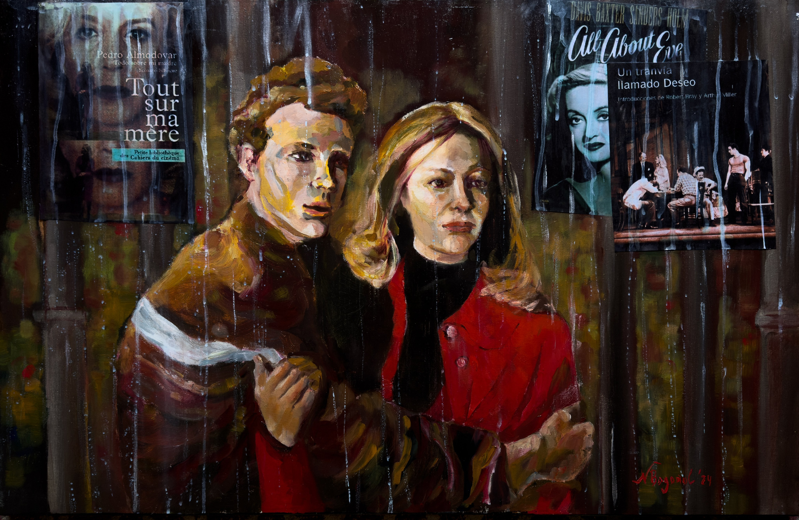 Oil painting on canvas, 90×60 cm, depicting a scene from Pedro Almodóvar’s film All About My Mother. The painting depicts the characters and setting from the film, highlighting the distinctive colour palette and emotional depth inherent in Almodóvar’s cinematic style. This artwork is available for sale.