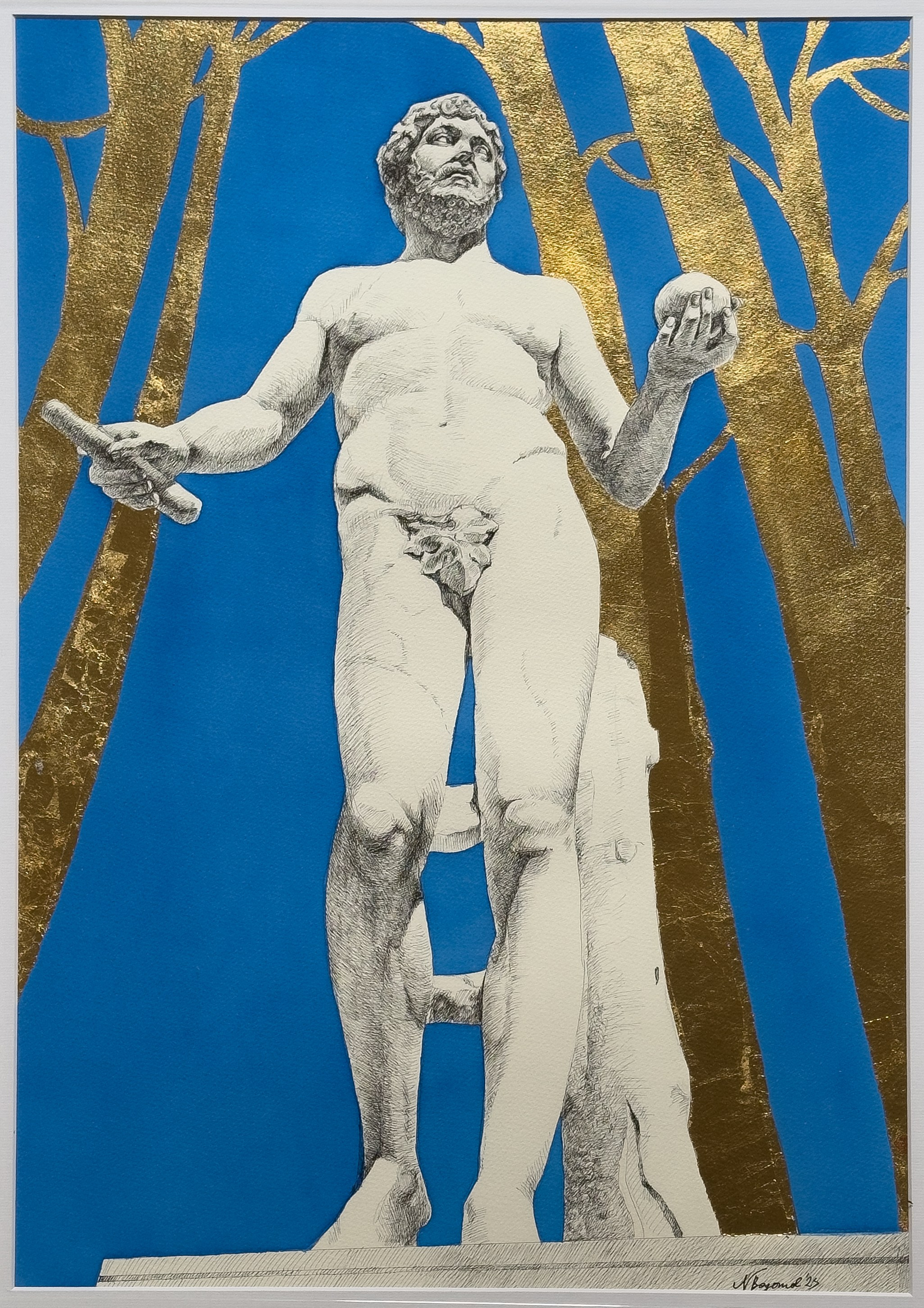 En venta: Obra artística en técnica mixta, que incluye acuarela y gráficos en tinta china adornados con hoja de oro. La imagen muestra una estatua detallada del parque de Versalles, creada con alta precisión y atención al detalle, resaltando la belleza y sofisticación clásicas de la estatua. Realizada en papel inglés de acuarela Saunders Waterford de alta calidad, garantizando la durabilidad y preservación de la imagen.