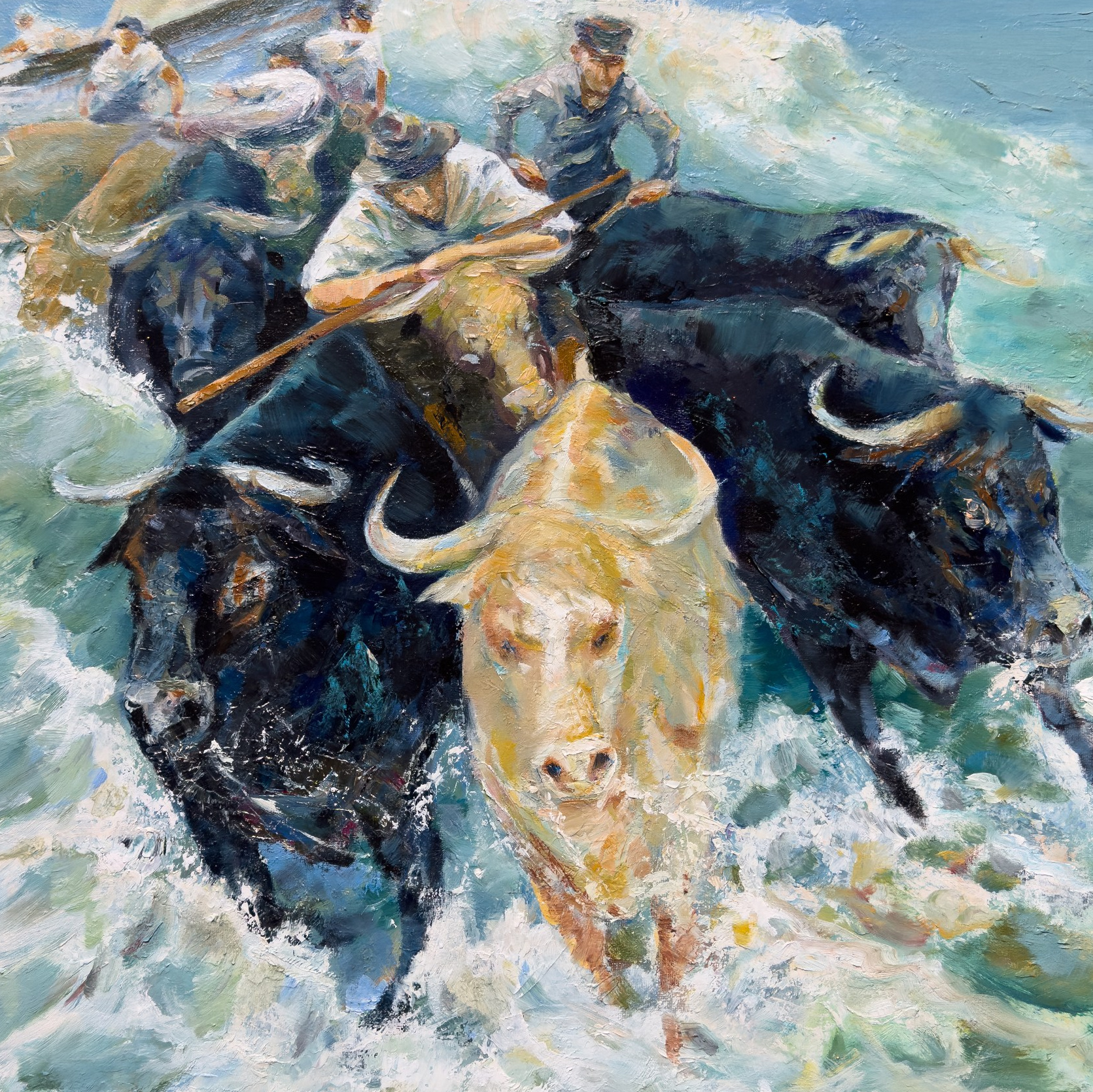 Oil painting on canvas, inspired by an episode from Ernest Hemingway's writings, portrays oxen pulling a boat from the sea. The oxen, emerging like mythical creatures from the sea foam, are accompanied by fishermen depicted with expressive brushstrokes. This artwork, influenced by the style of Valencian painter Joaquín Sorolla, transcends reality, adding a mythical aspect to the oxen. Available for purchase