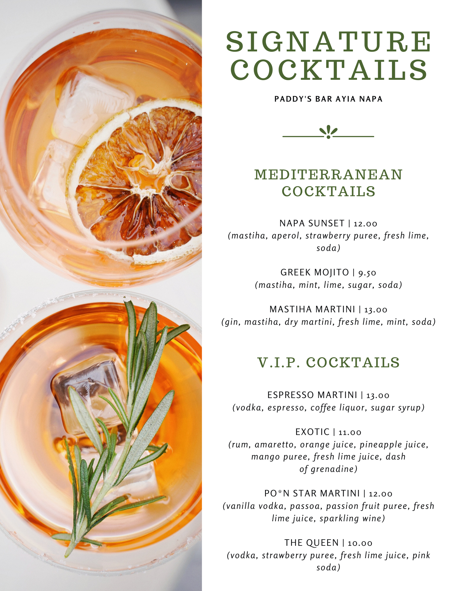 Drinks menu. Paddy’s Bar Ayia Napa