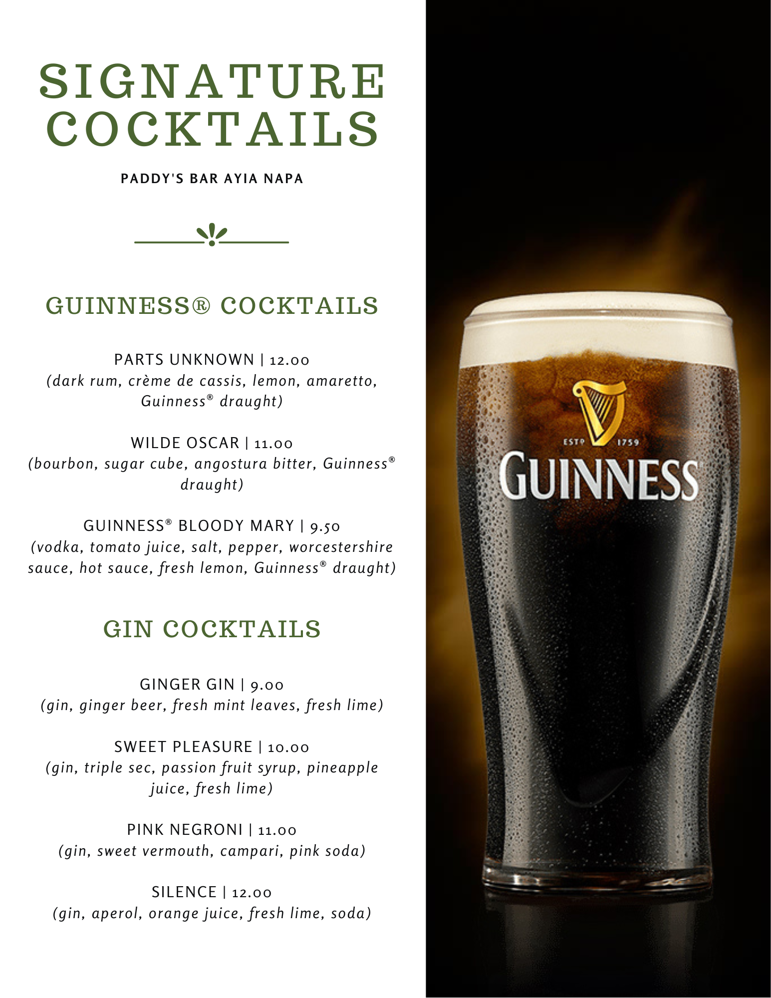 Drinks menu. Paddy’s Bar Ayia Napa