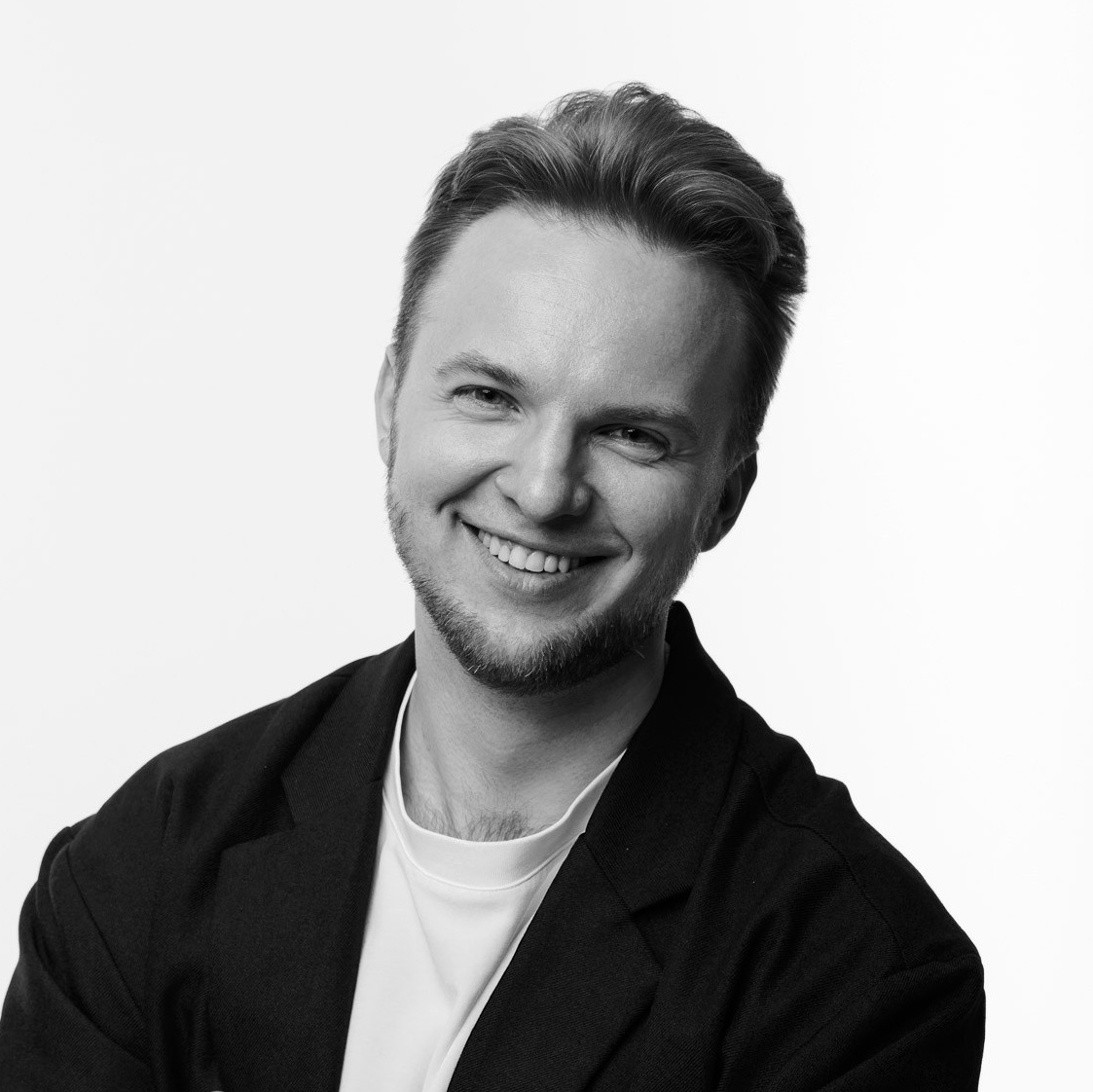 Black and white portrait of Dmitrii Shmatov