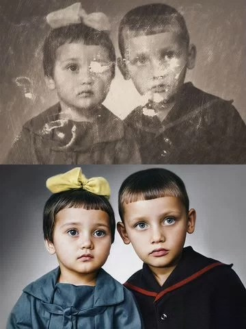 "Before and after photo restoration of two children in a vintage portrait. The top shows a damaged, scratched, and faded black-and-white image, while the bottom reveals a fully restored and colorized version with vivid details and lifelike accuracy."