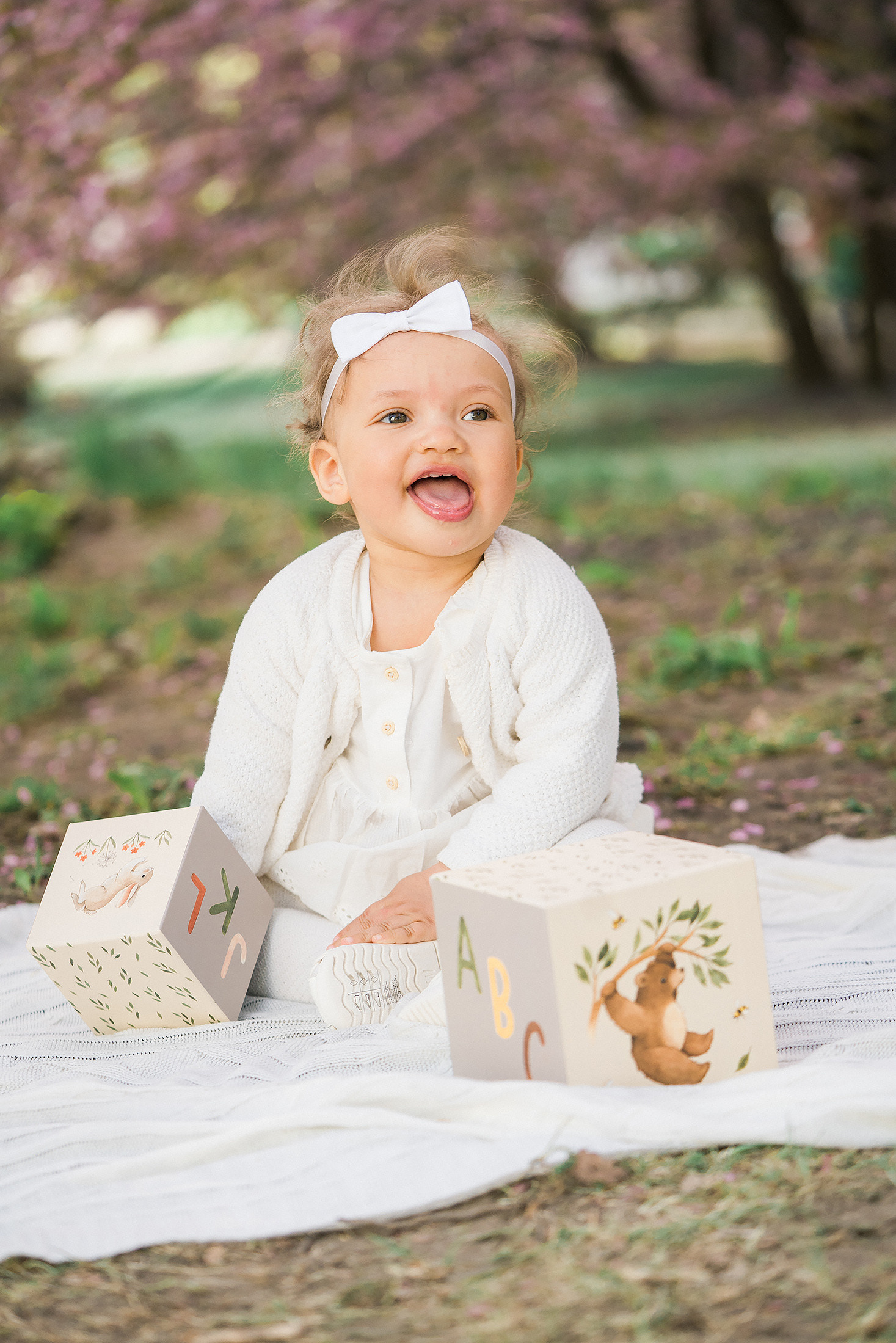 Perhekuvaus kirsikkapuistossa