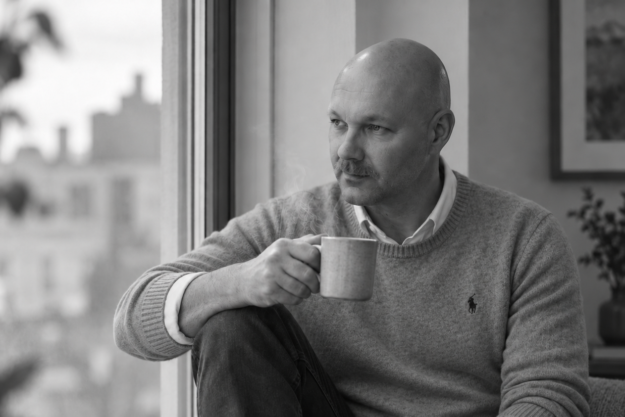 Daniel, Künstler hinter danielb.art, mit einer Tasse Kaffee am Fenster