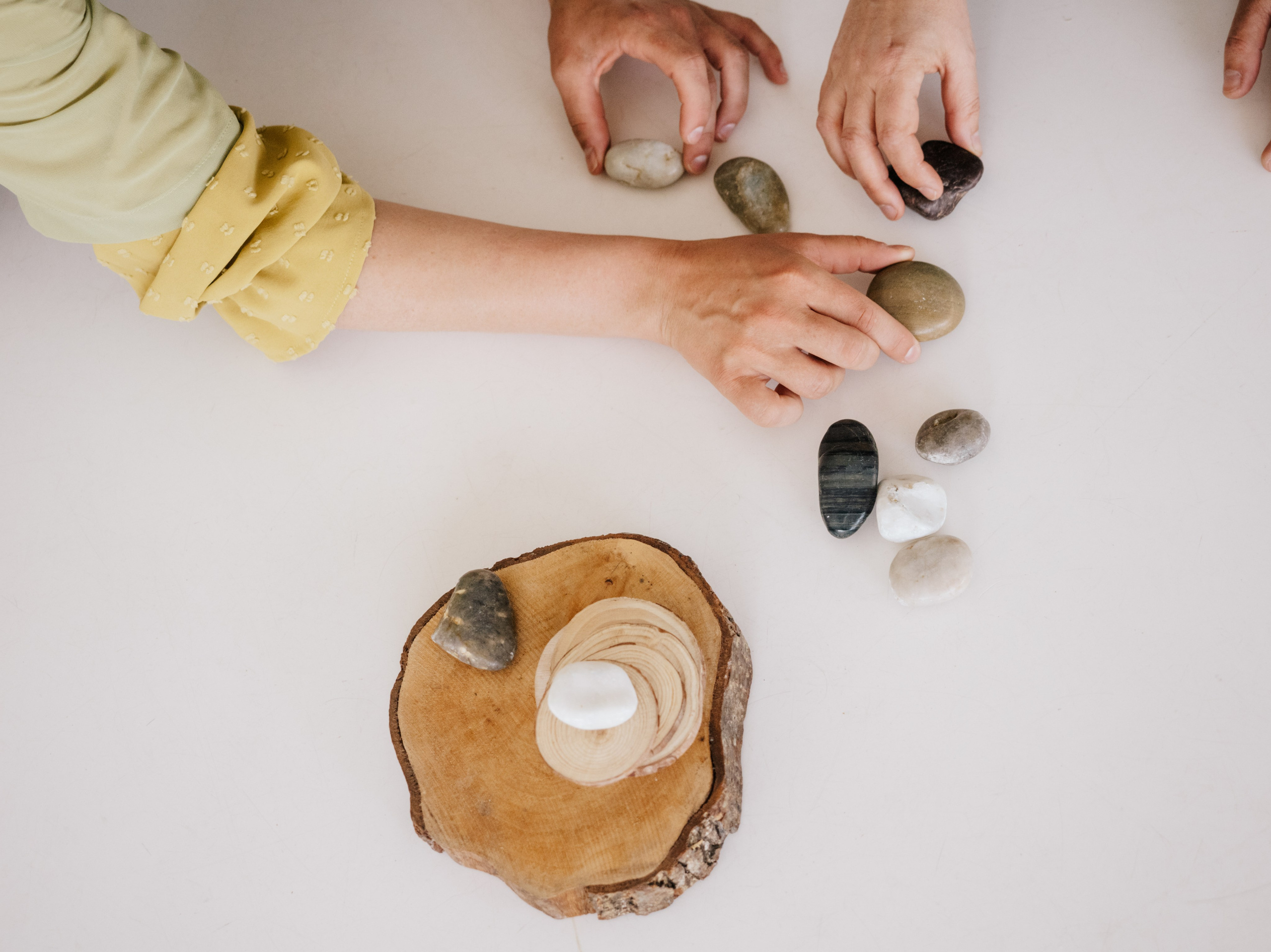 Des mains disposant des pierres et de petites tranches de bois.