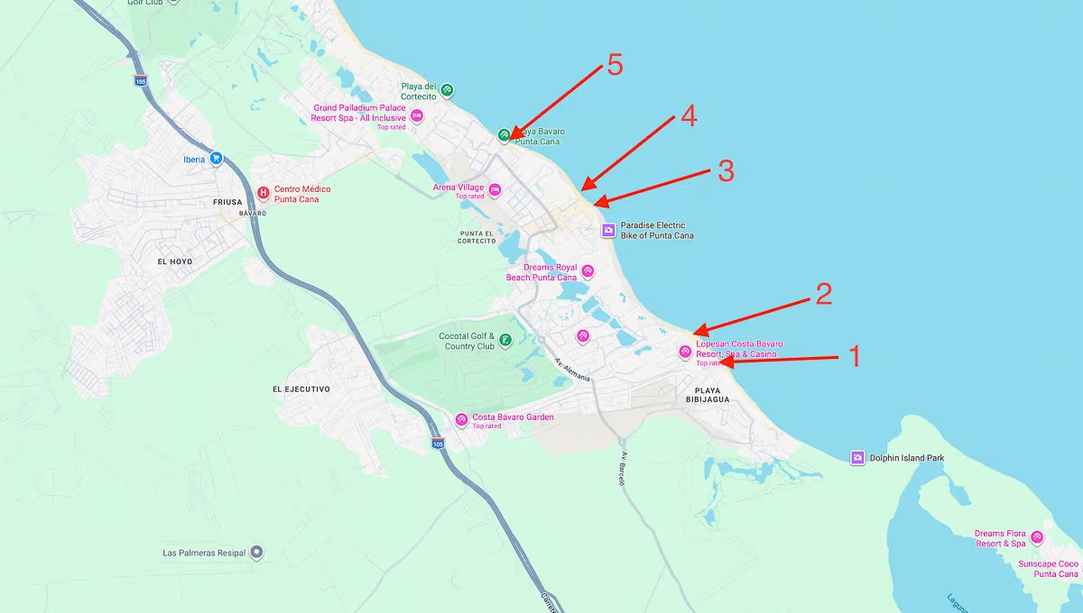 Map of free public access points to Bavaro Beach in Punta Cana, Dominican Republic.