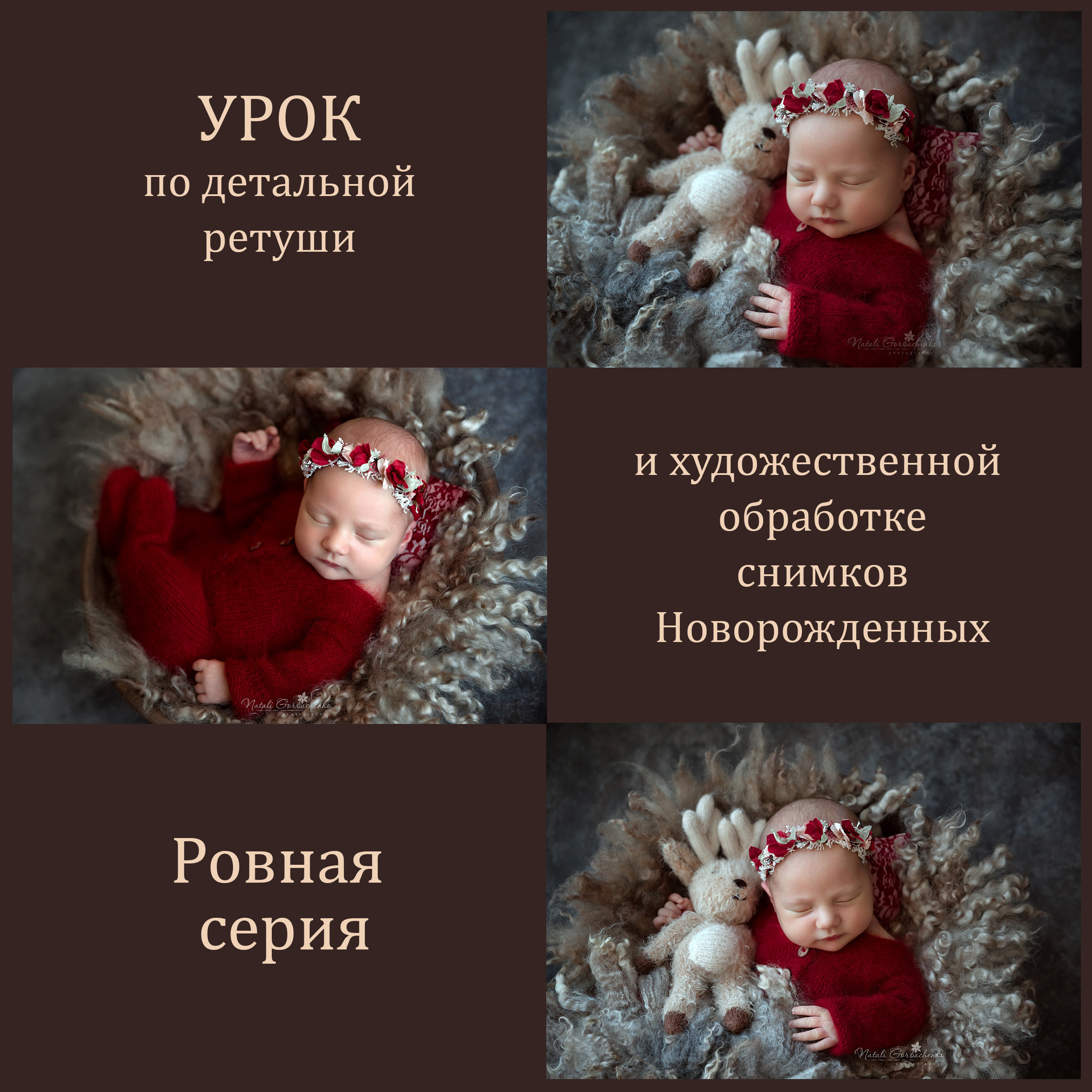 Опис відео уроку «Ретуш шкіри новонародженого+Рівна серія. Дитячий, сімейний, а також newborn фотограф і викладач у Києві Наталія