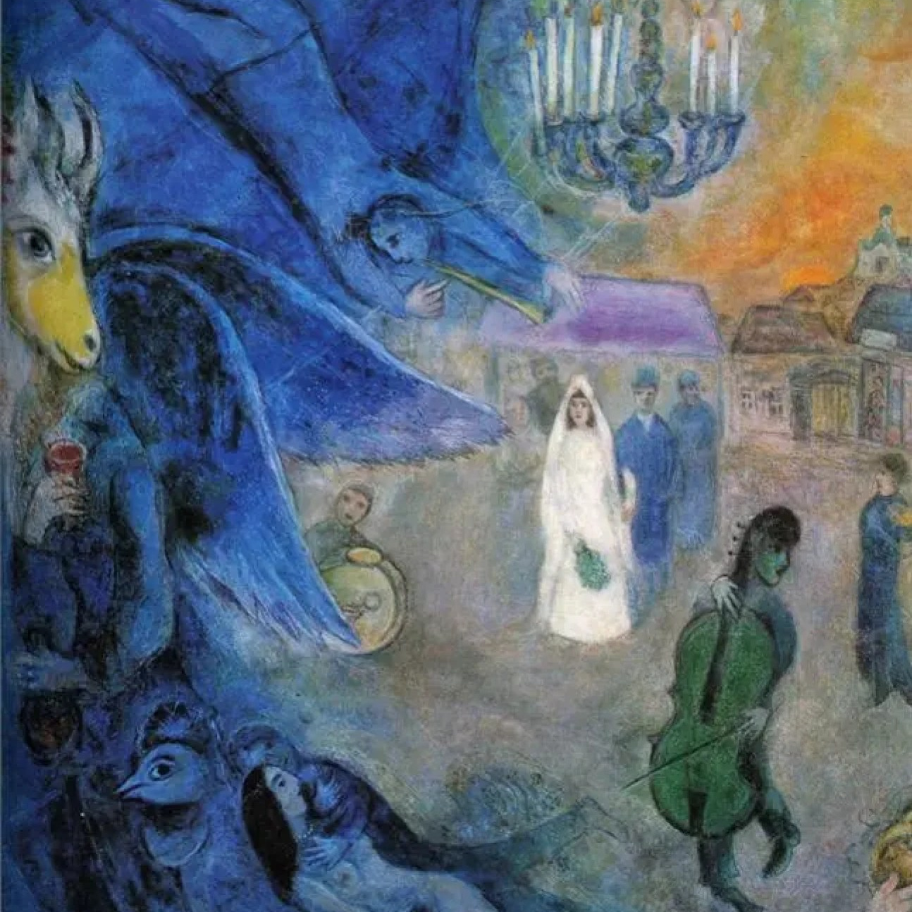 This painting is The Wedding Candles (also known as The Wedding Lights or Les lumières du mariage) by the renowned Russian-French artist Marc Chagall 