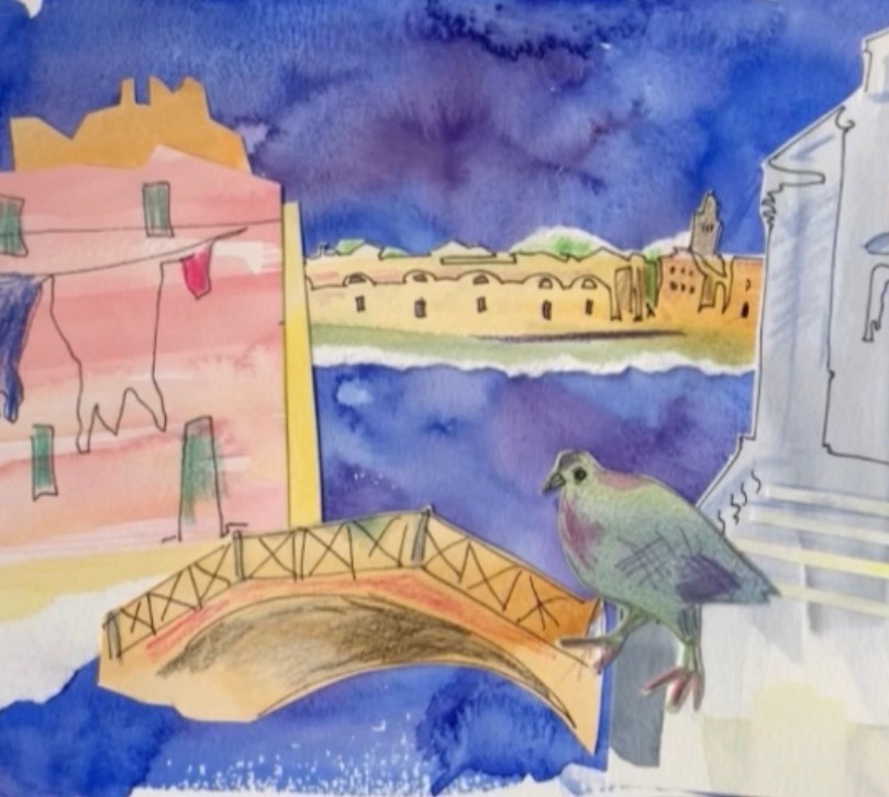 Venice. A collage of coloured paper, an assemblage of Venetian elements: laundry hanging out to dry, a bridge over the canal, the row of houses in Dorsoduro, a pigeon and the façade of the Redentore church with its staircase. An example of a collage to be created under the guidance of Nadia Kuprina during a workshop in Venice.
