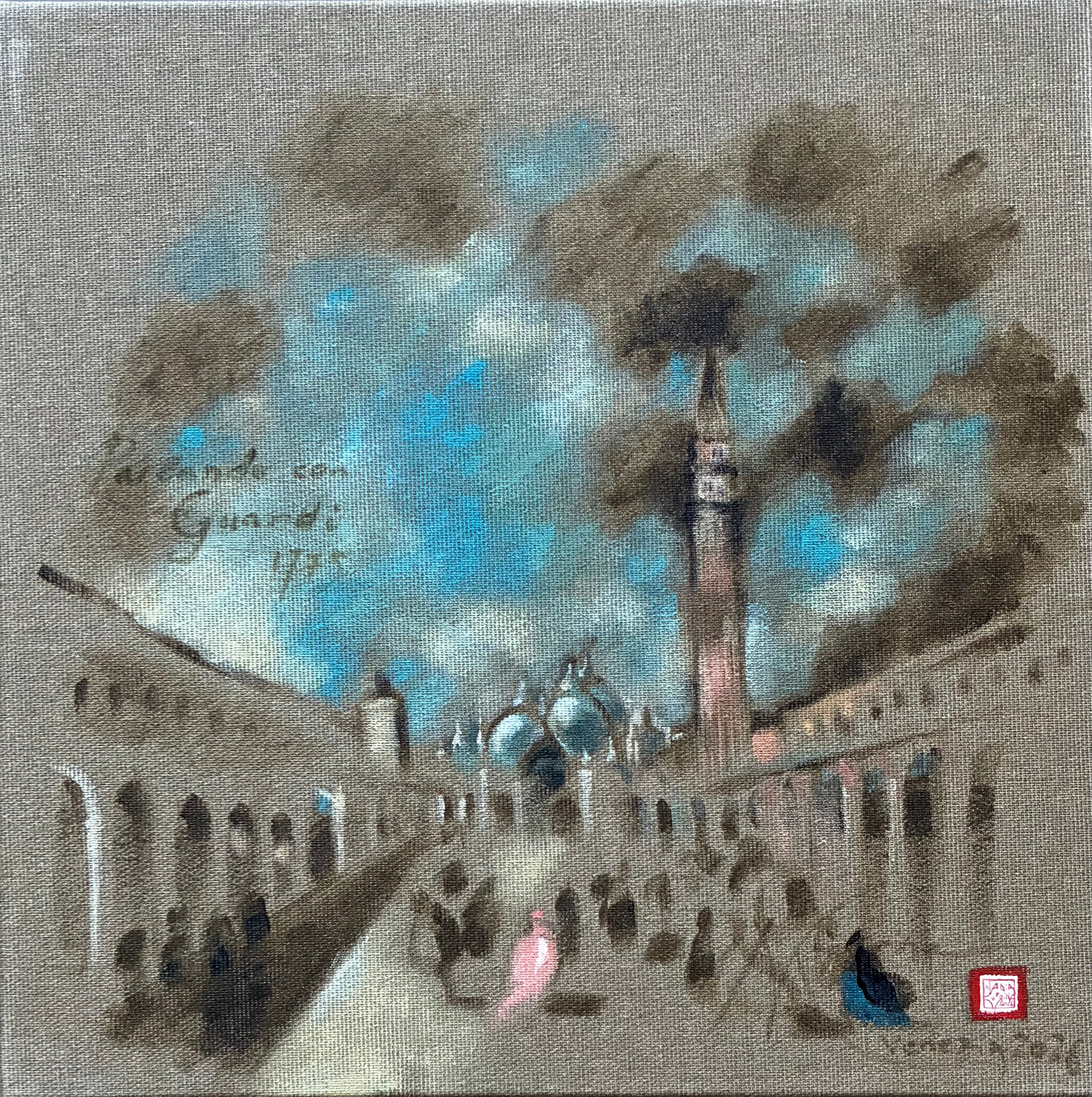 Acrylic on canvas, 30 cm x 30 cm: Venice in dialogue with Francesco Guardi, a tribute to the 18th-century Venetian painter. Painted on unprimed canvas using an 18th-century colour palette, with the focus on a lady’s pink dress. St Mark’s Square with the Basilica in the foreground.