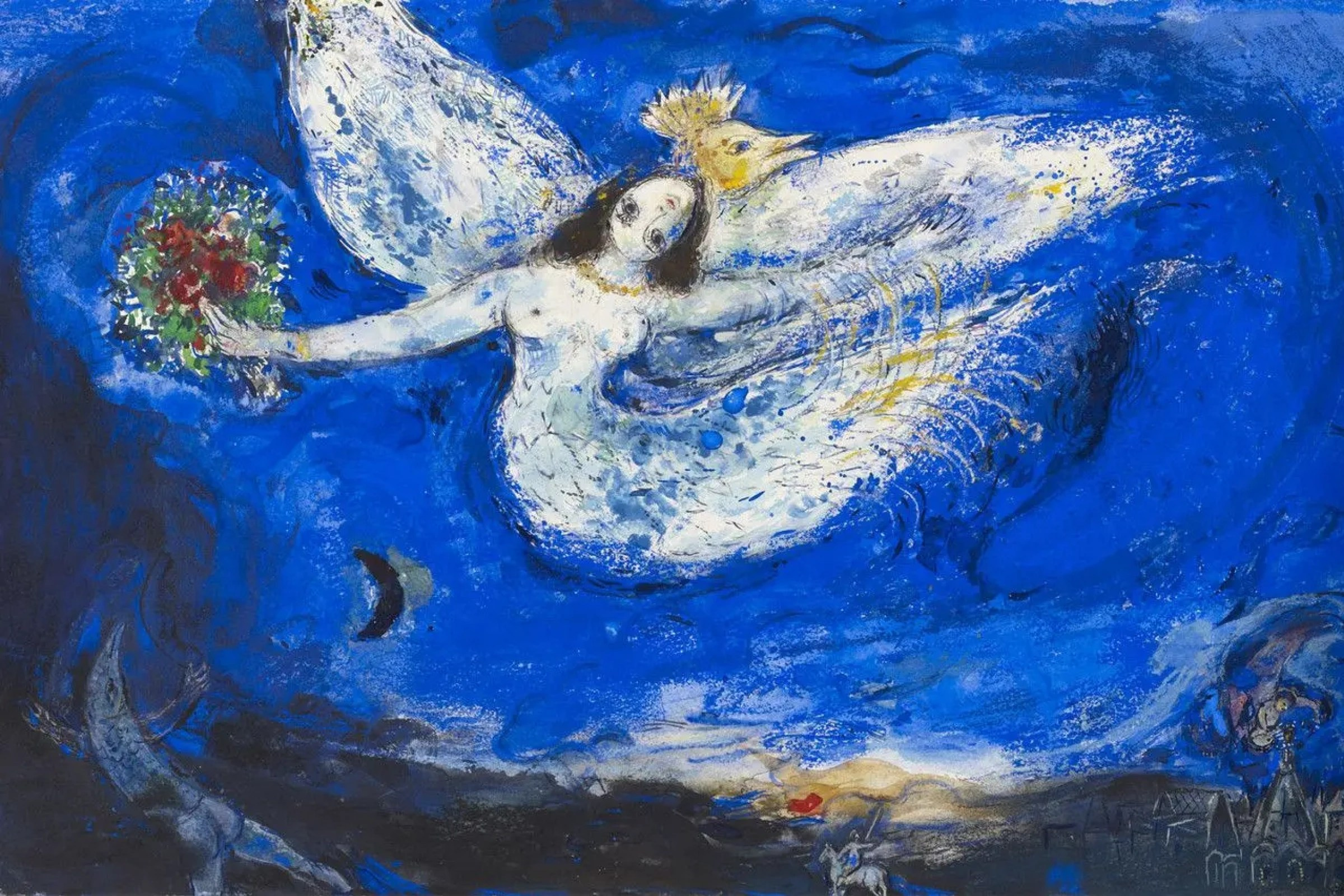 This painting is "Study for the Curtain of the Firebird by Stravinsky" created by Marc Chagall in 1945. 