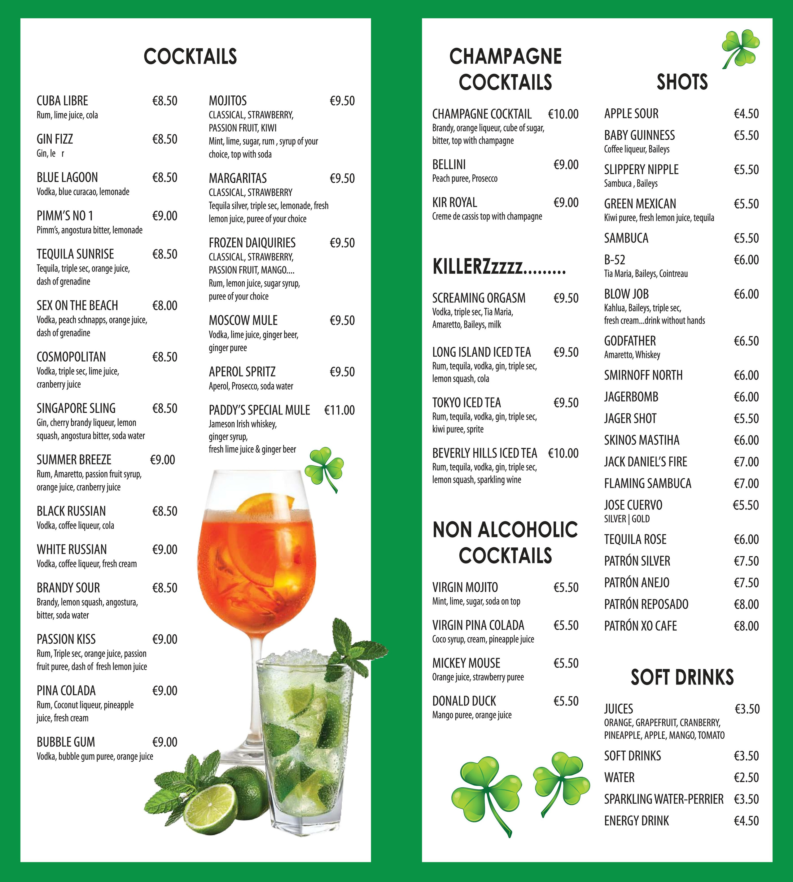 Drinks menu. Paddy’s Bar Ayia Napa