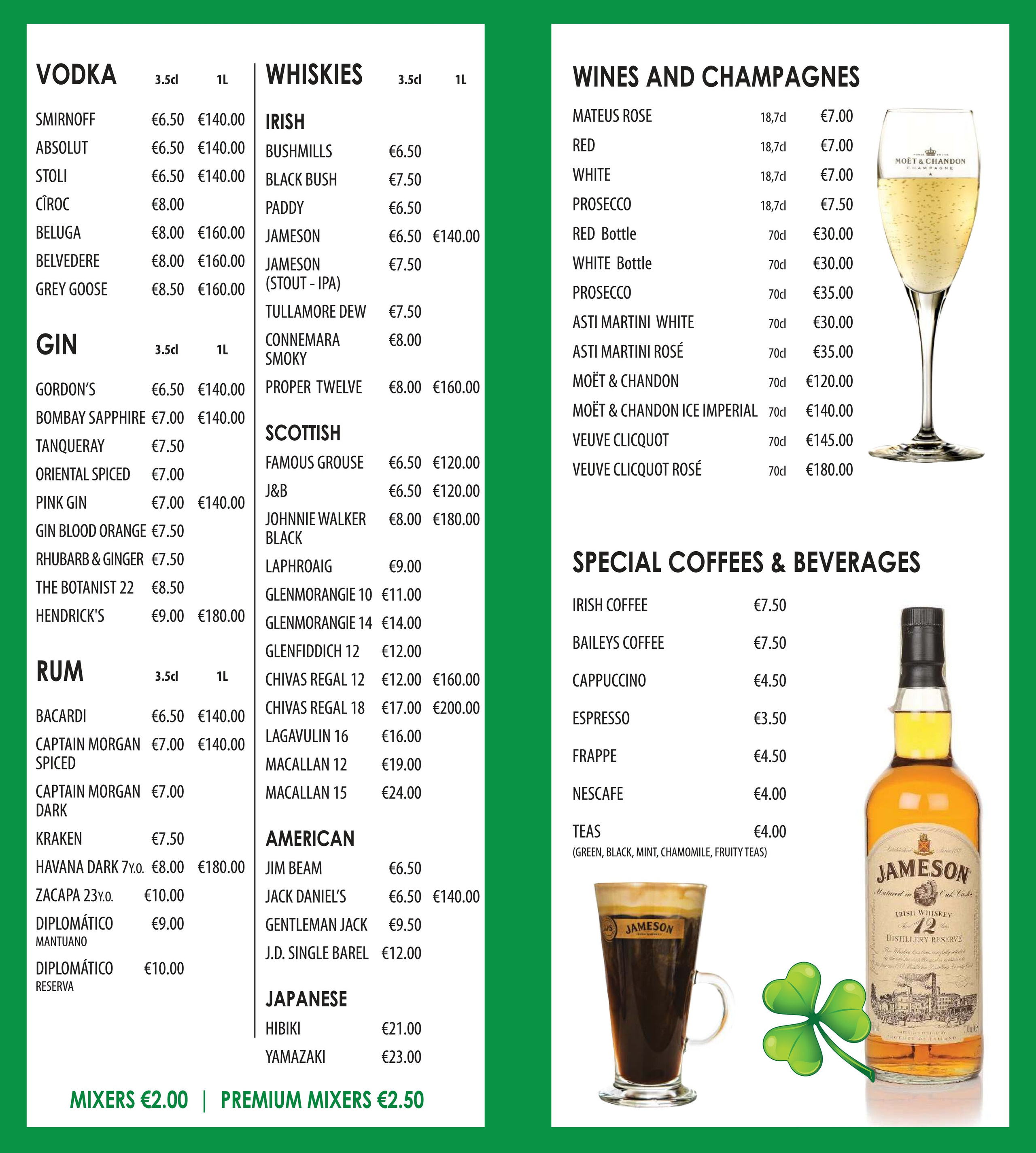 Drinks menu. Paddy’s Bar Ayia Napa