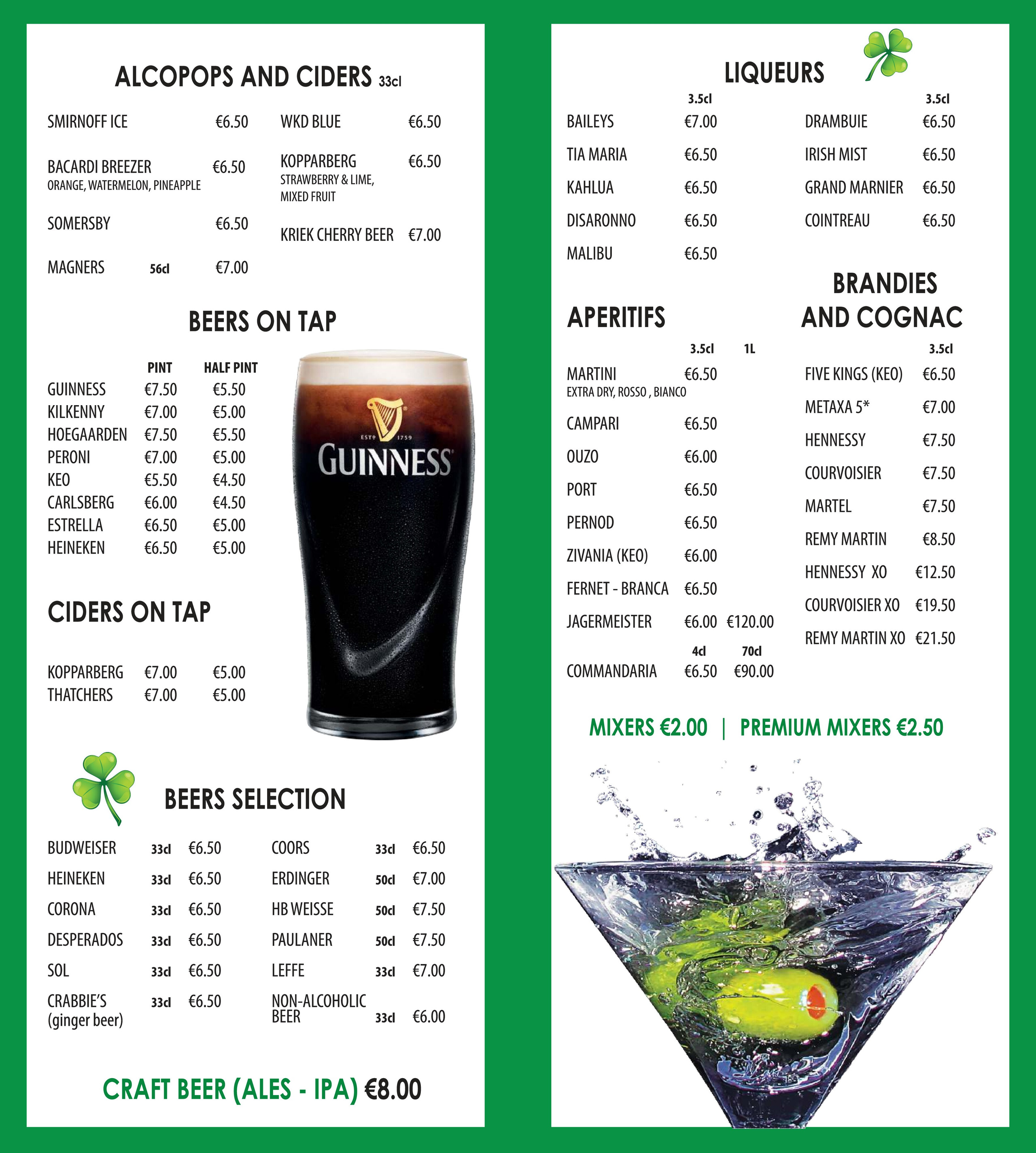 Drinks menu. Paddy’s Bar Ayia Napa