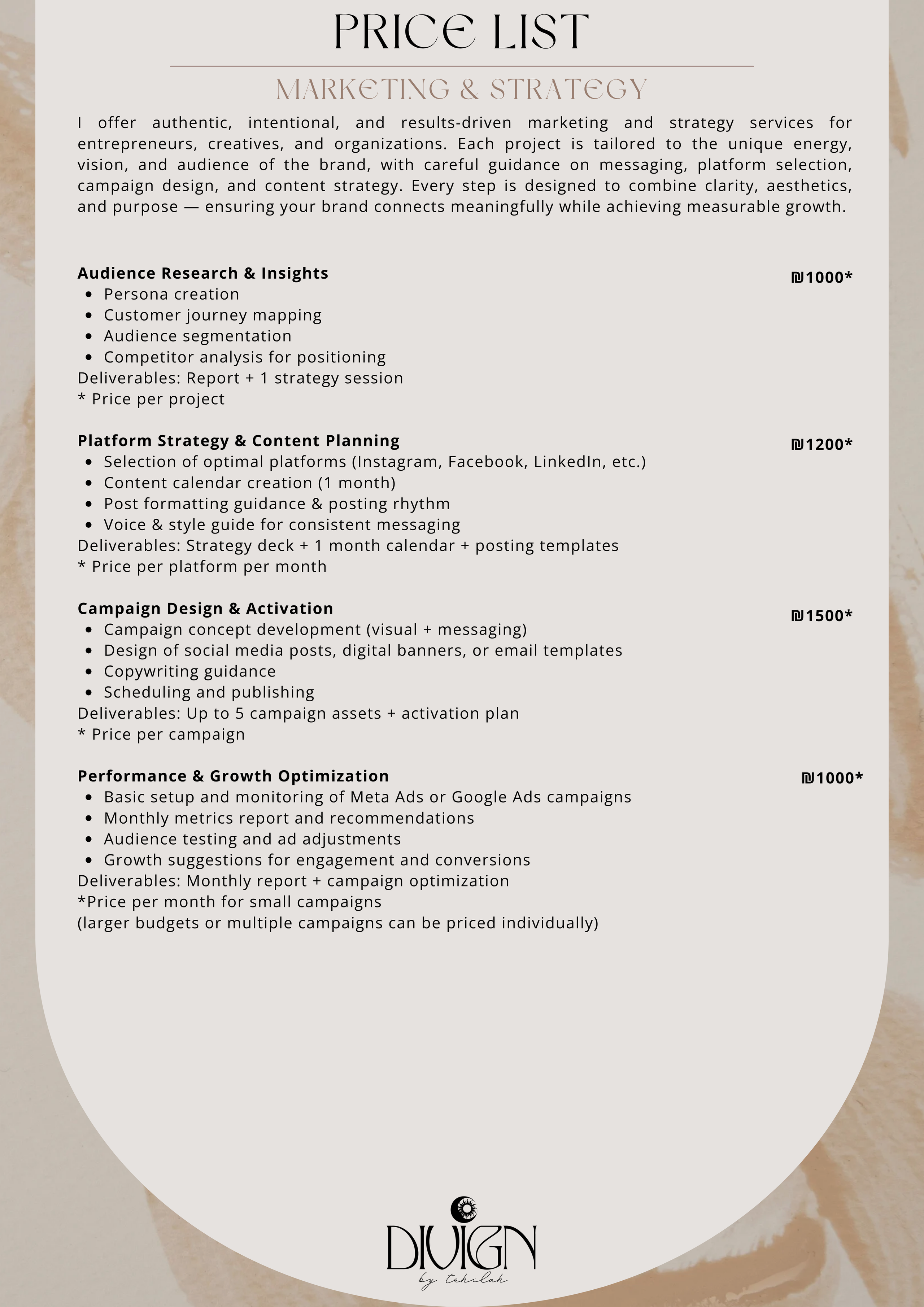 Marketing & Strategy Services & Price-list. Divign By Tehilah — Meaningful Graphic Design & Photography