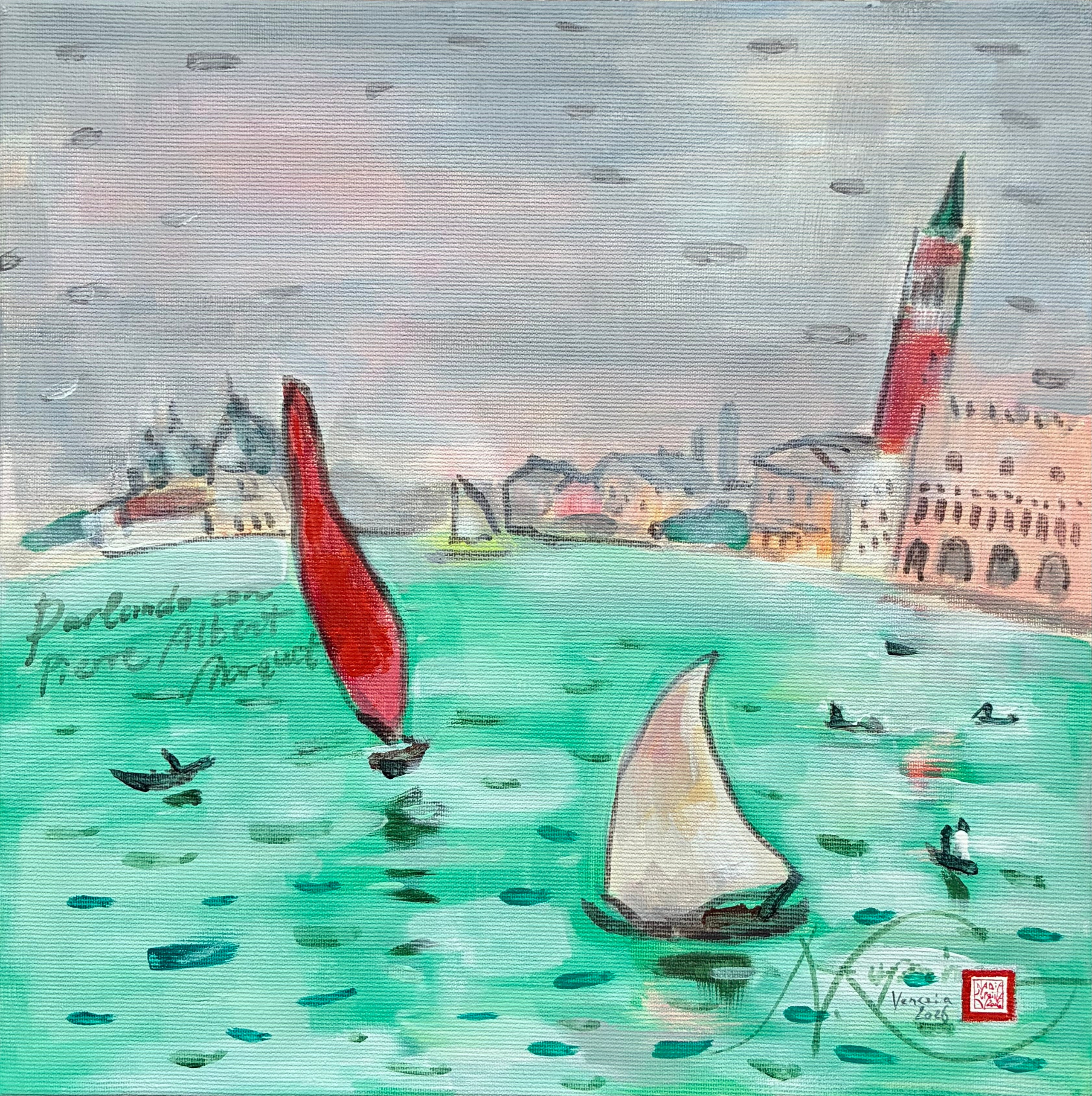 Acrylic on canvas, 30 cm x 30 cm: Venice in dialogue with the painter Pierre Albert Marquet. The red sail in the foreground interacts with St Mark’s bell tower. The emerald-green lagoon curves, opening up the view to the Basilica della Salute in the distance. A tribute to the French painter by Nadia Kuprina.