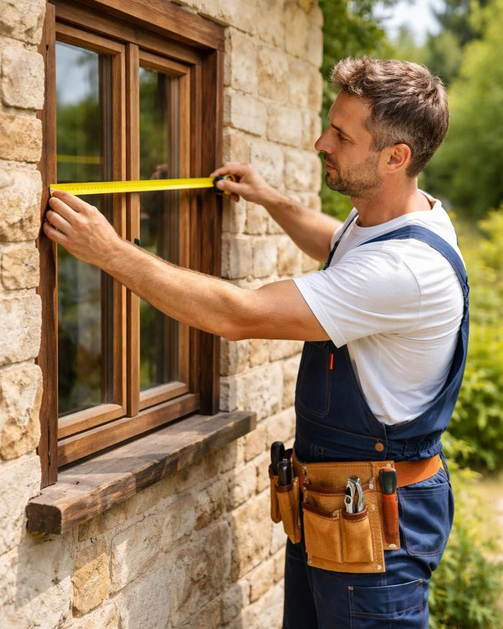 Мастер по установке пластиковых окон снимает замер на новом объекте.