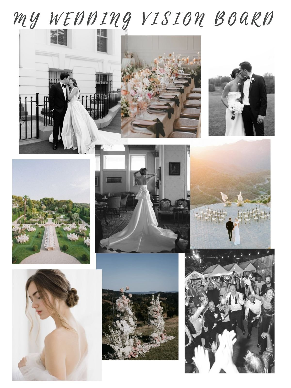 Wedding vision board collage with handwritten title and fine art photos