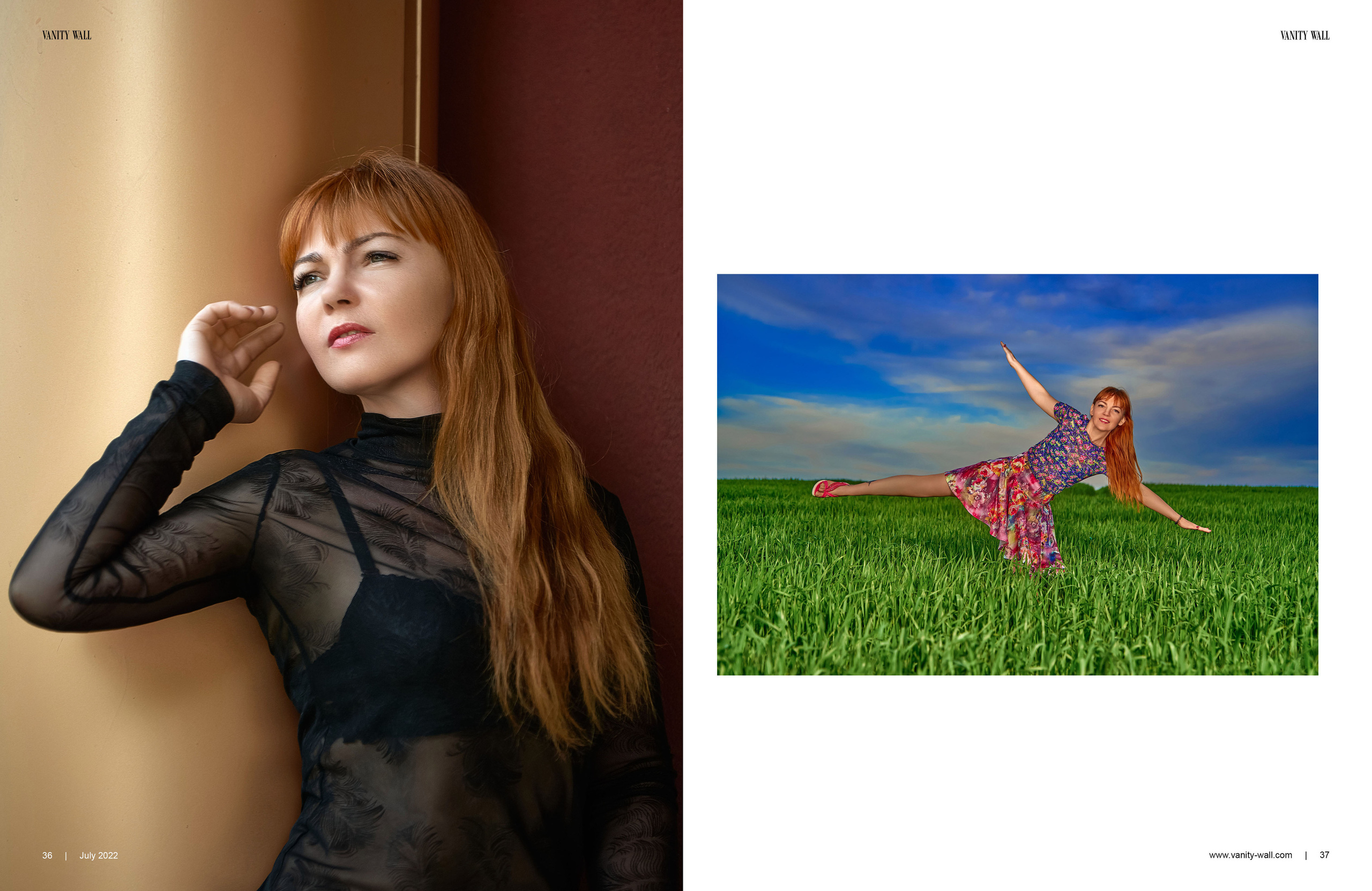 Девушка в зеленом поле на фоне чистого синего неба.