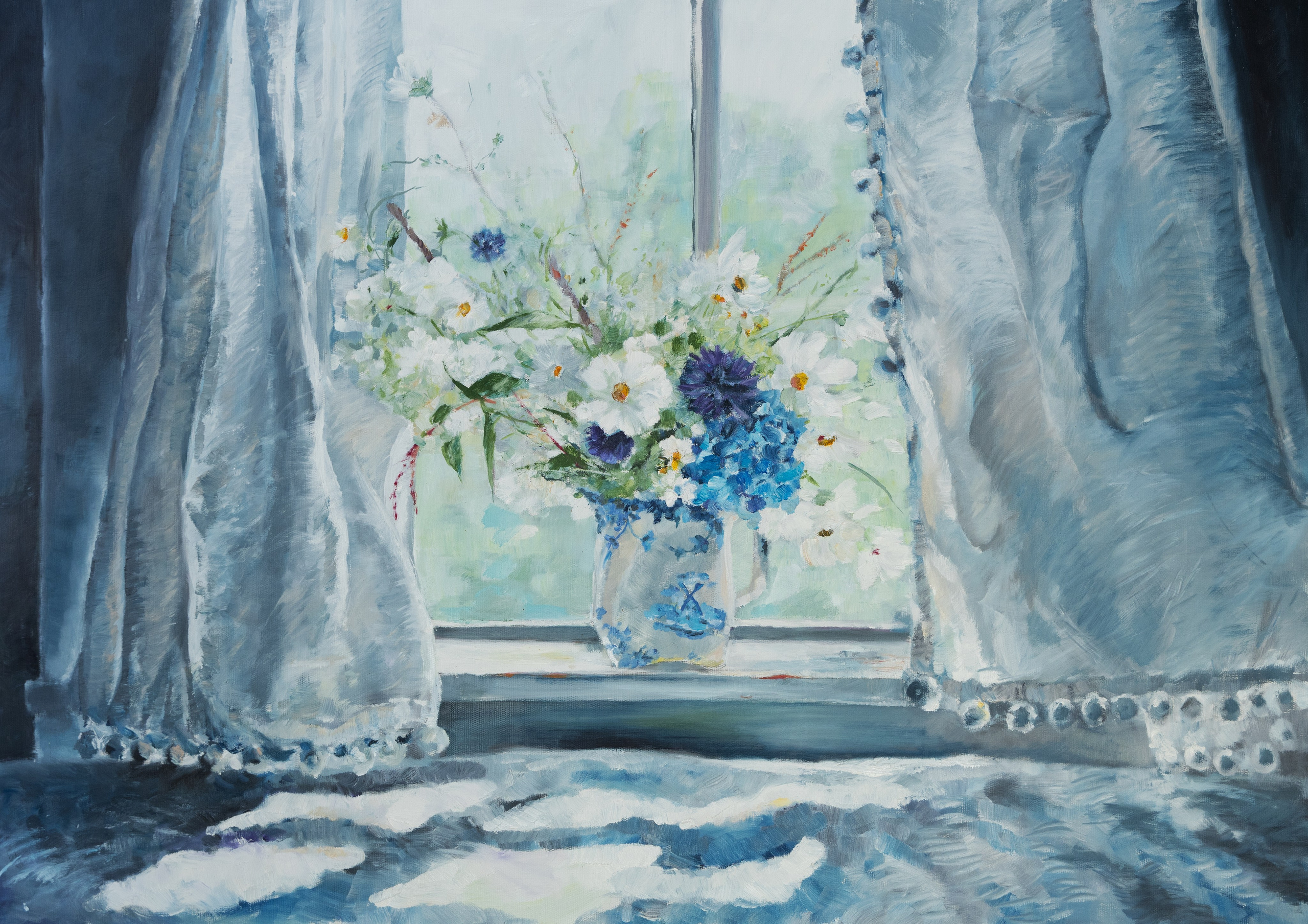 Contemporary still-life painting in fresh blue tones, featuring an open window and vases with wildflowers on the windowsill. An exquisite addition to art collectors' galleries and a stylish interior decoration piece. Available for sale